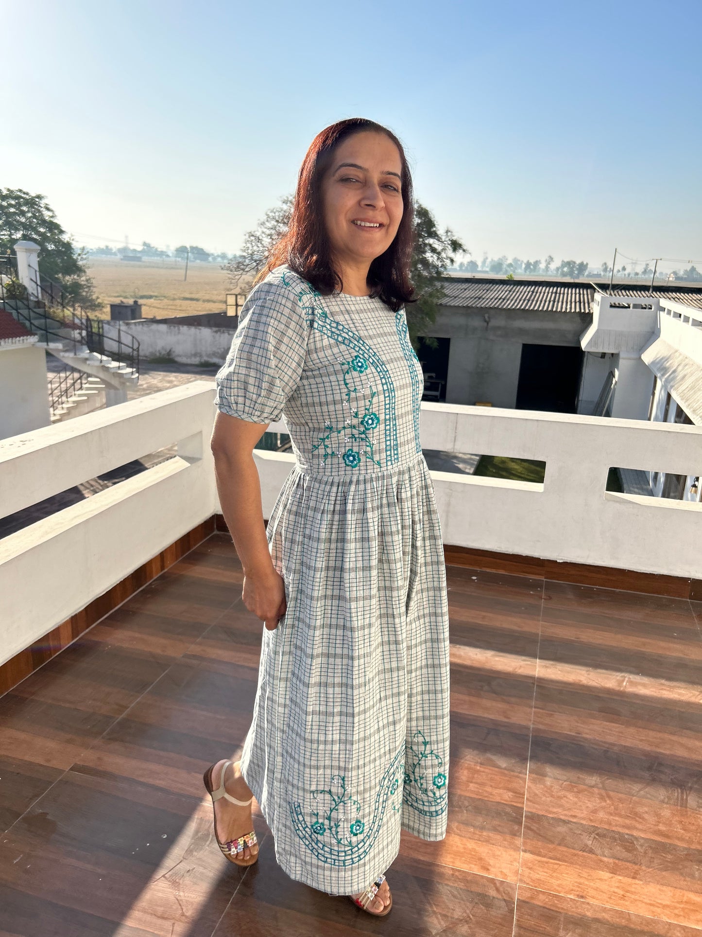 Grey Khadi Cotton Machine Embroidered Dress
