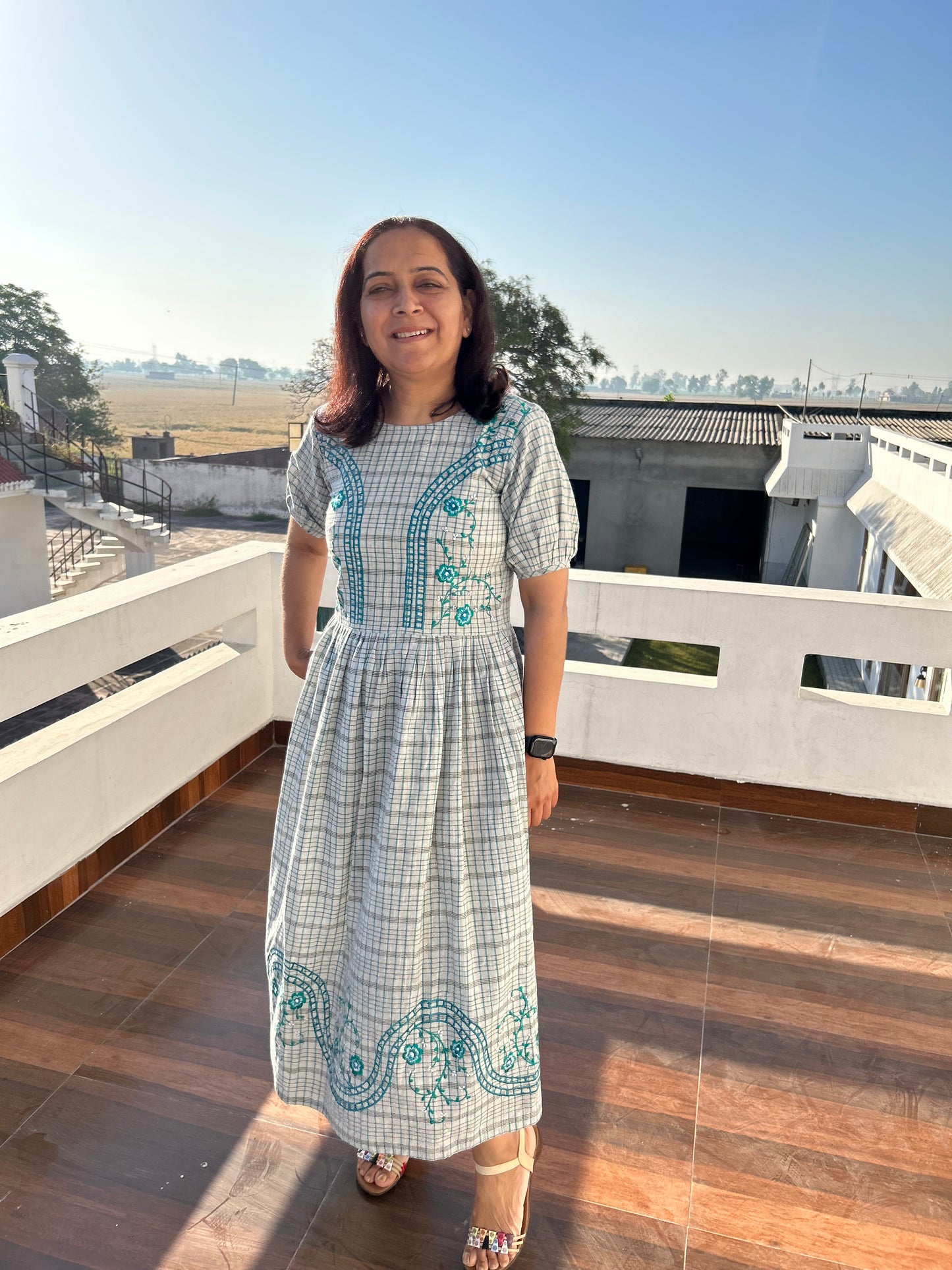 Grey Khadi Cotton Machine Embroidered Dress