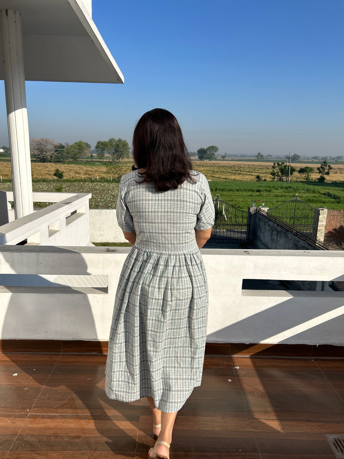 Grey Khadi Cotton Machine Embroidered Dress