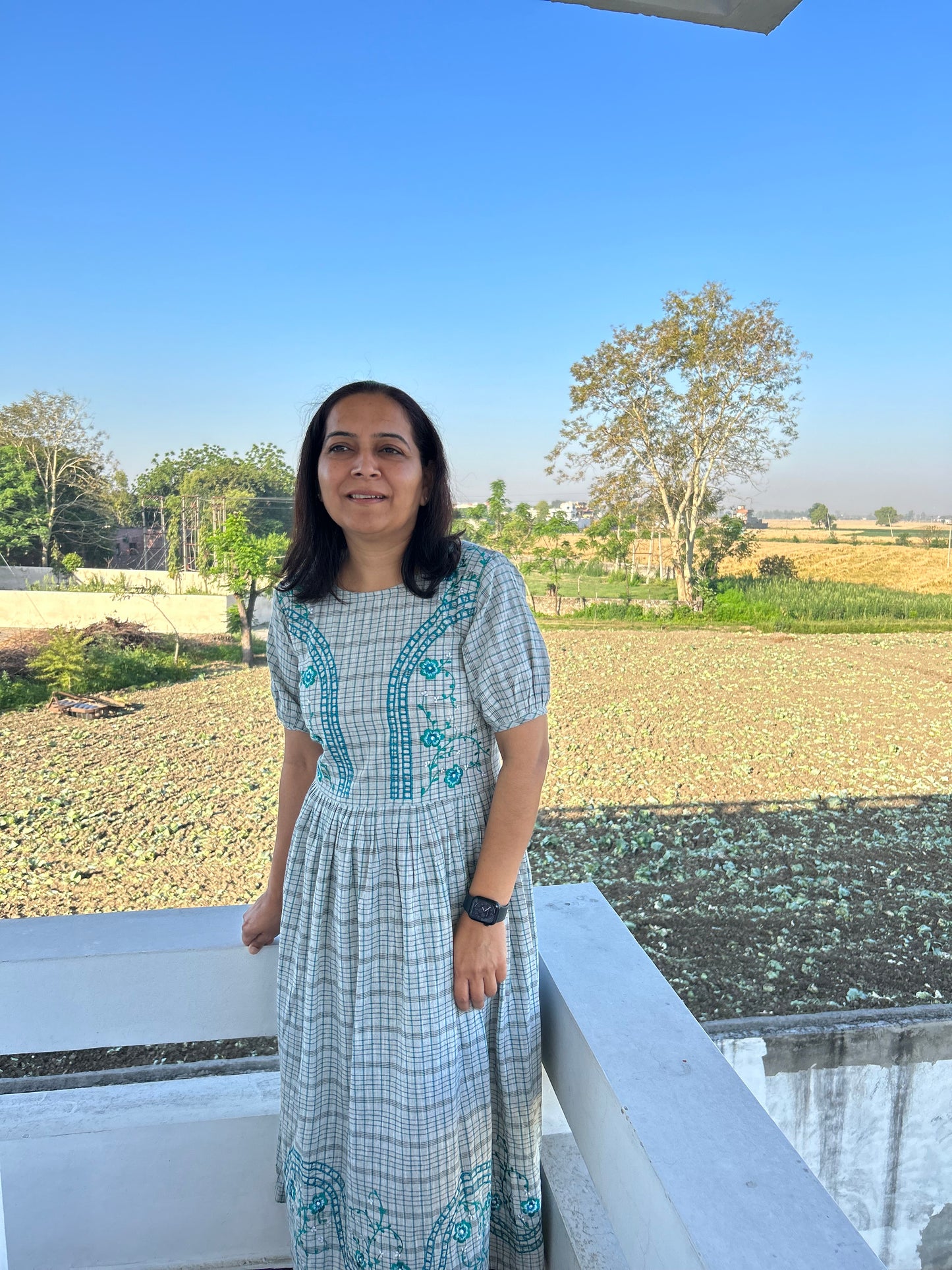 Grey Khadi Cotton Machine Embroidered Dress