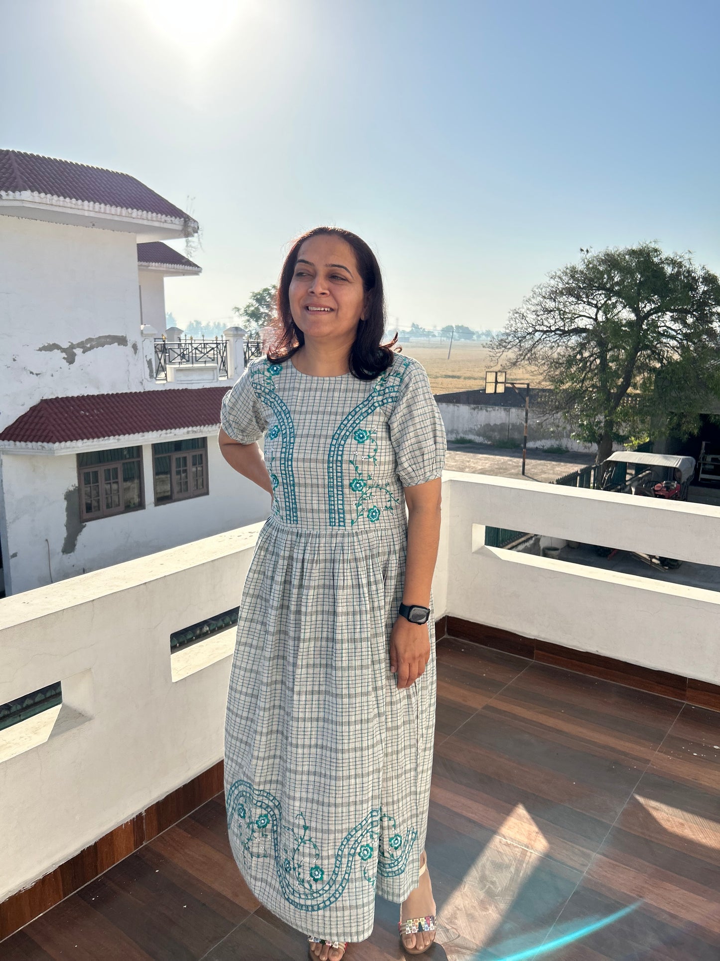 Grey Khadi Cotton Machine Embroidered Dress