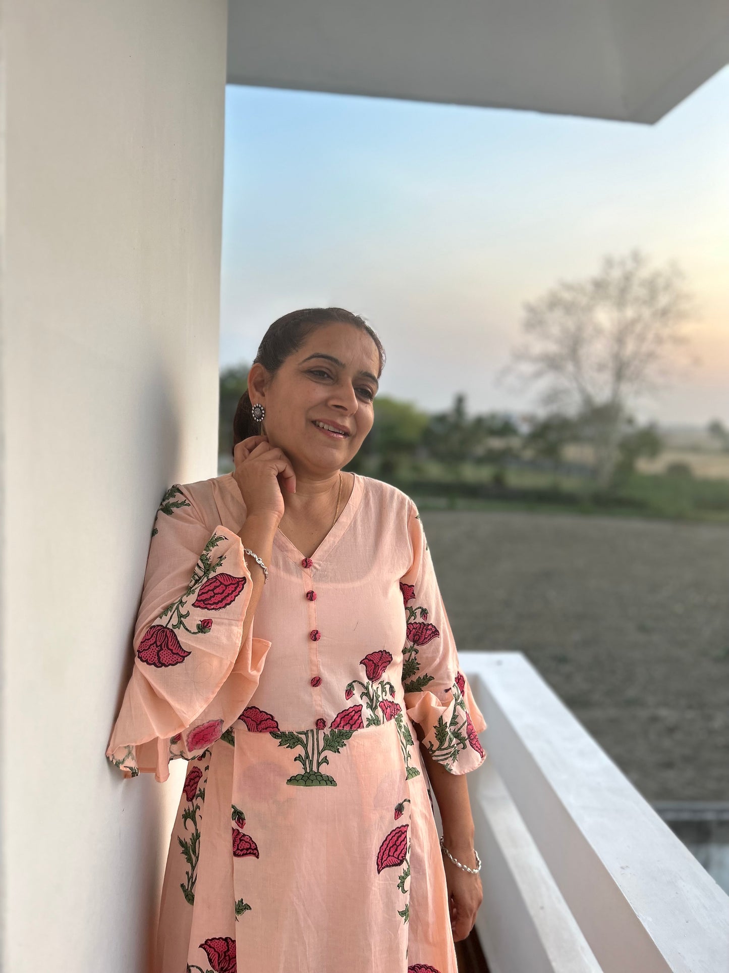 Peach Block Printed Dress