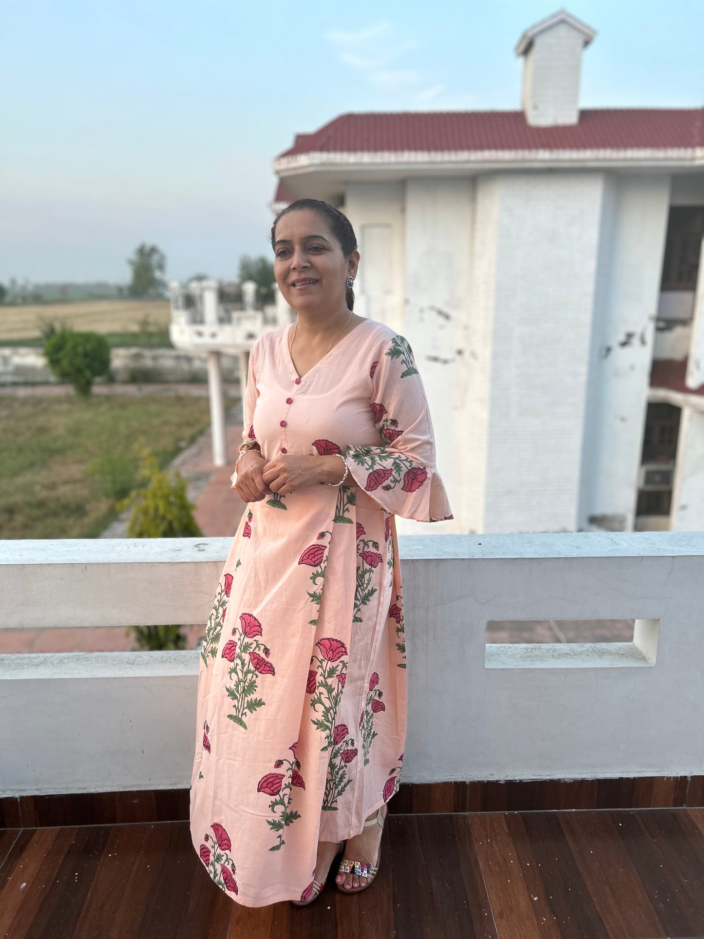 Peach Block Printed Dress