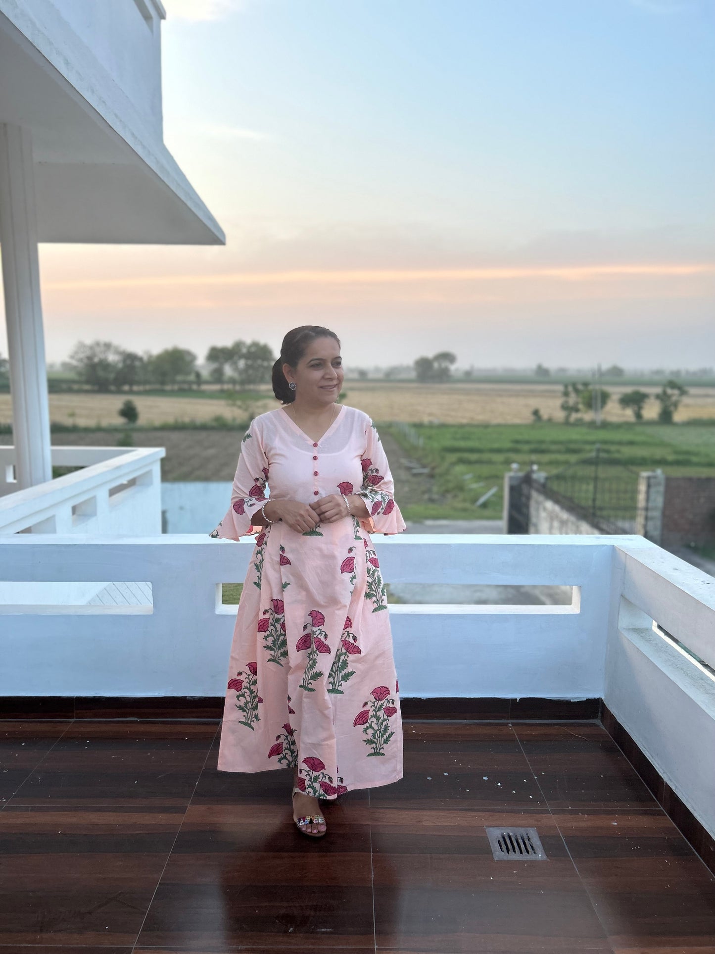 Peach Block Printed Dress