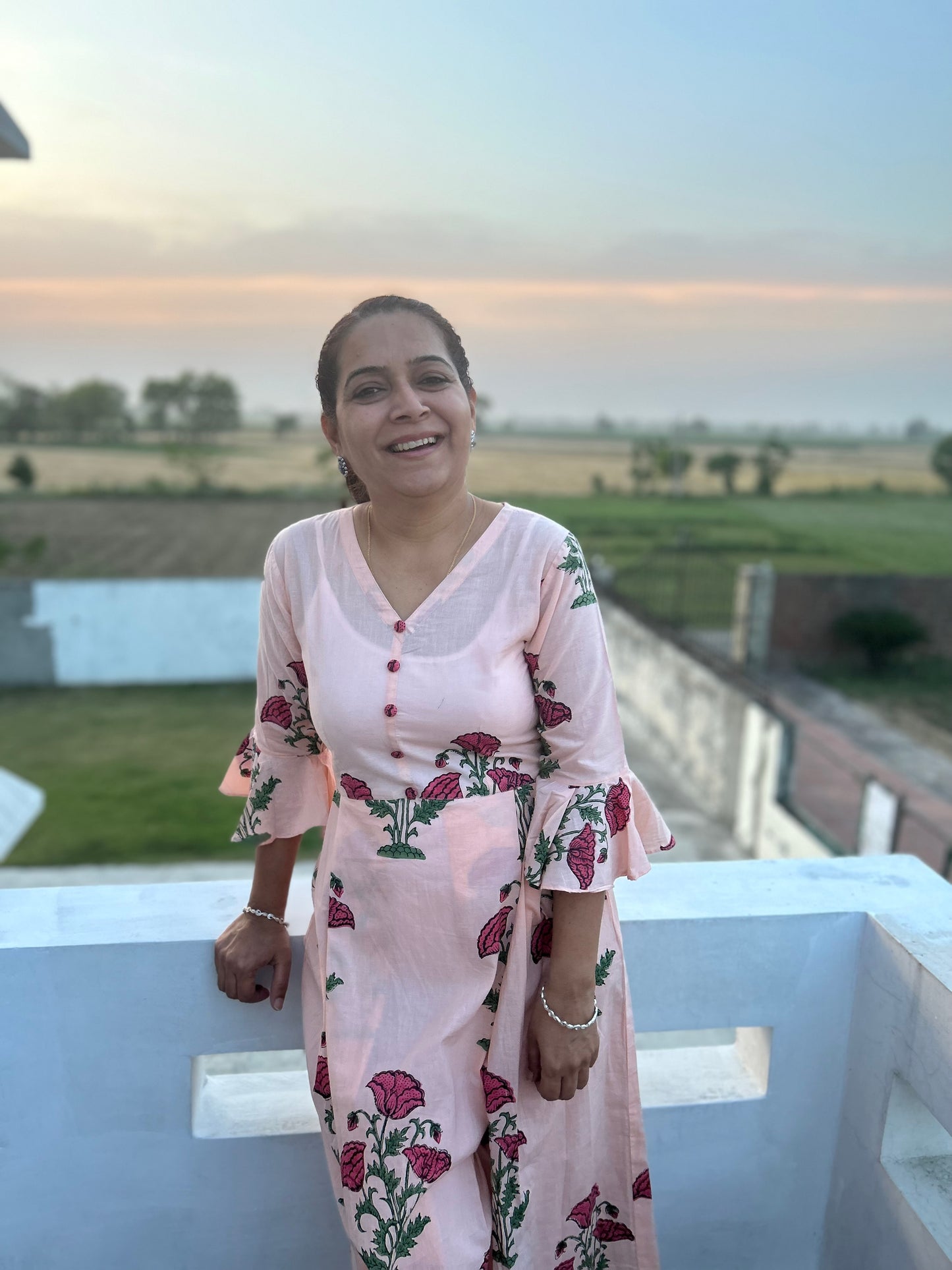 Peach Block Printed Dress
