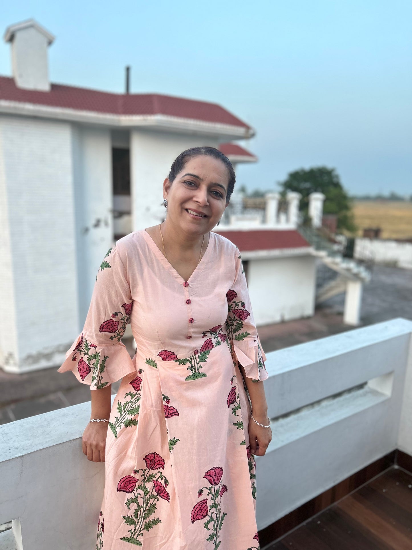 Peach Block Printed Dress