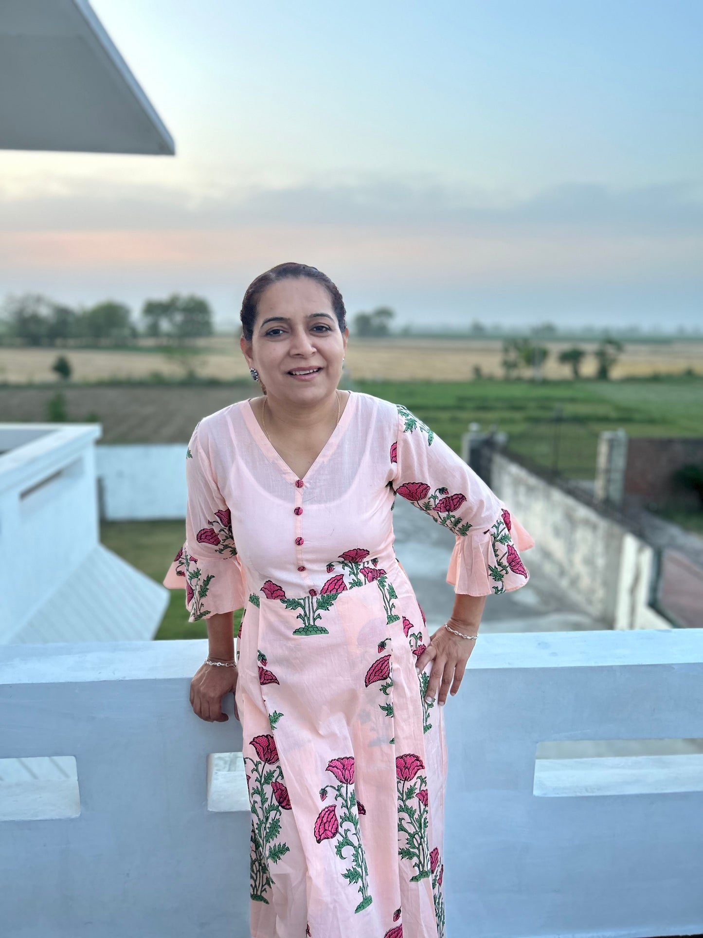 Peach Block Printed Dress