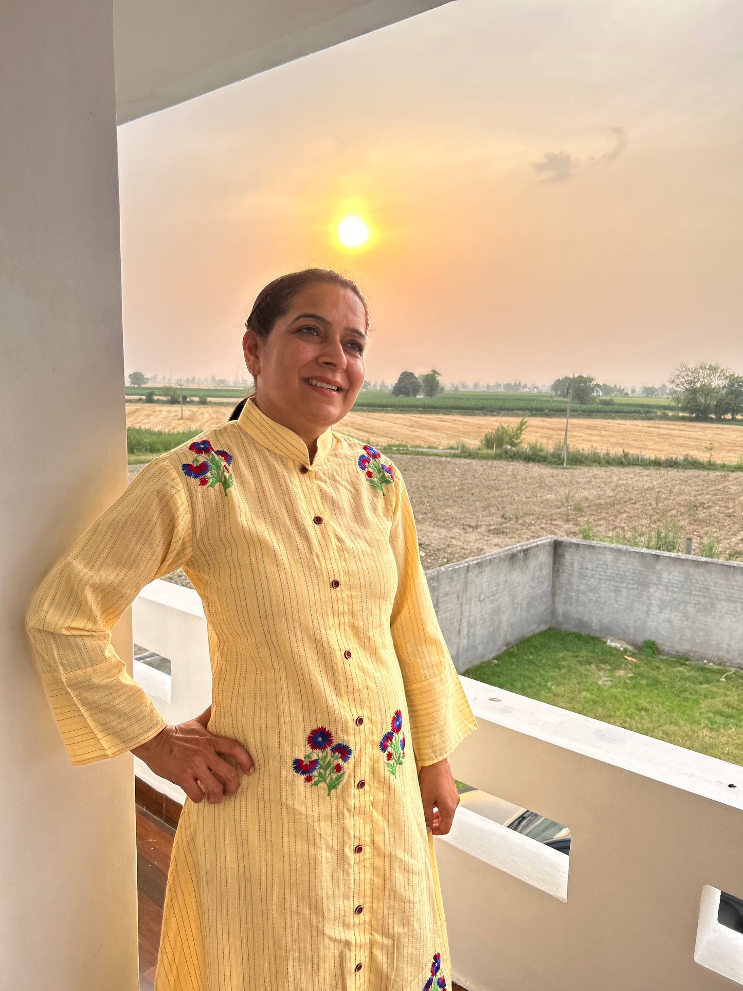 Cream Cotton Dress Machine Embroidered