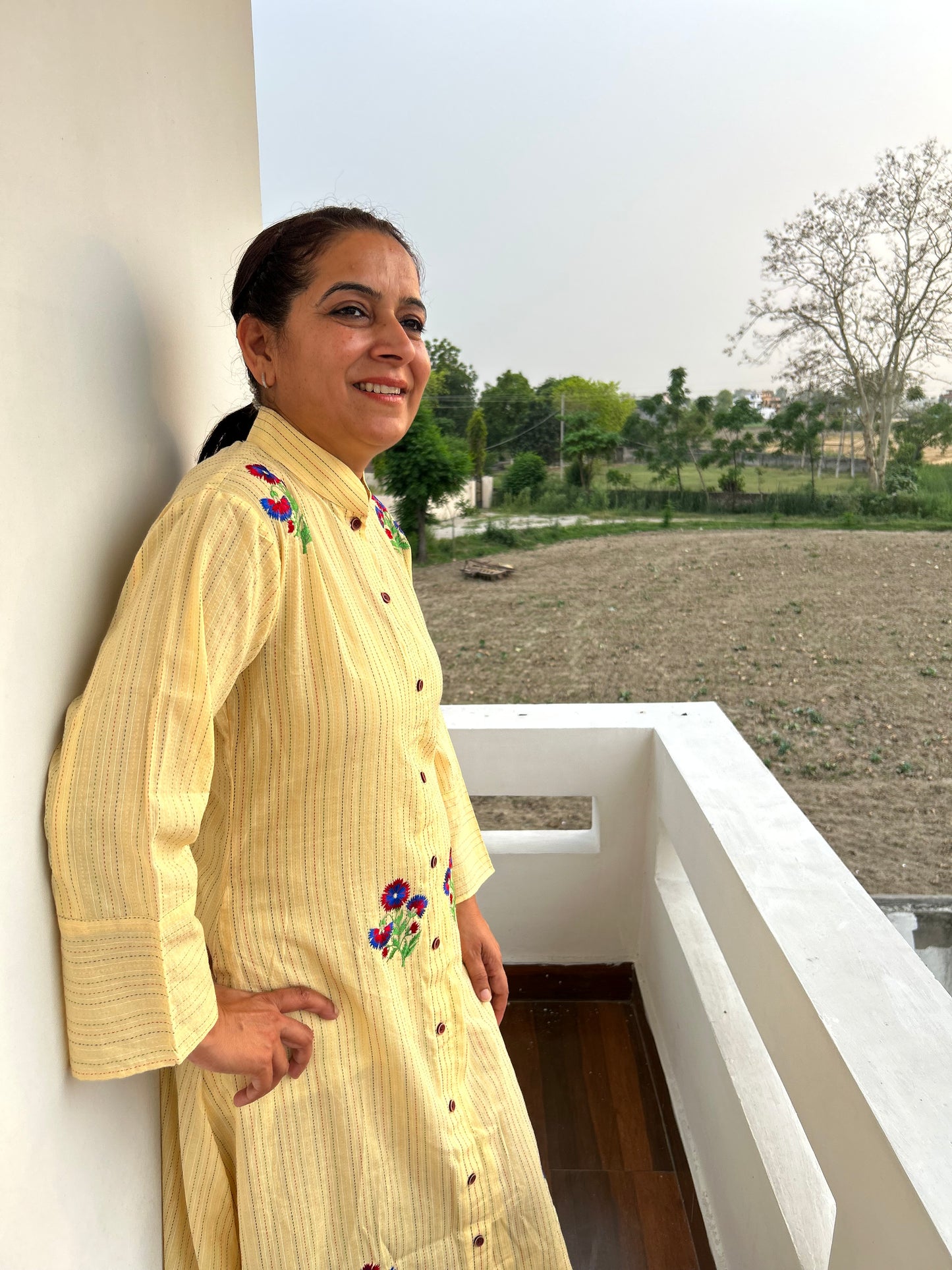 Cream Cotton Dress Machine Embroidered
