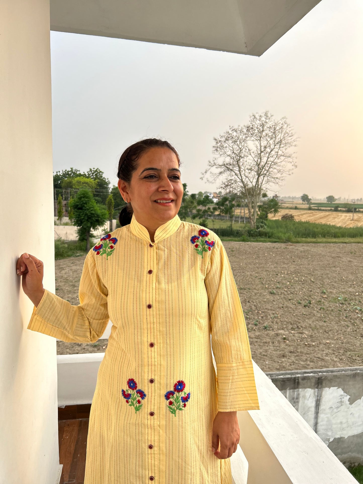 Cream Cotton Dress Machine Embroidered
