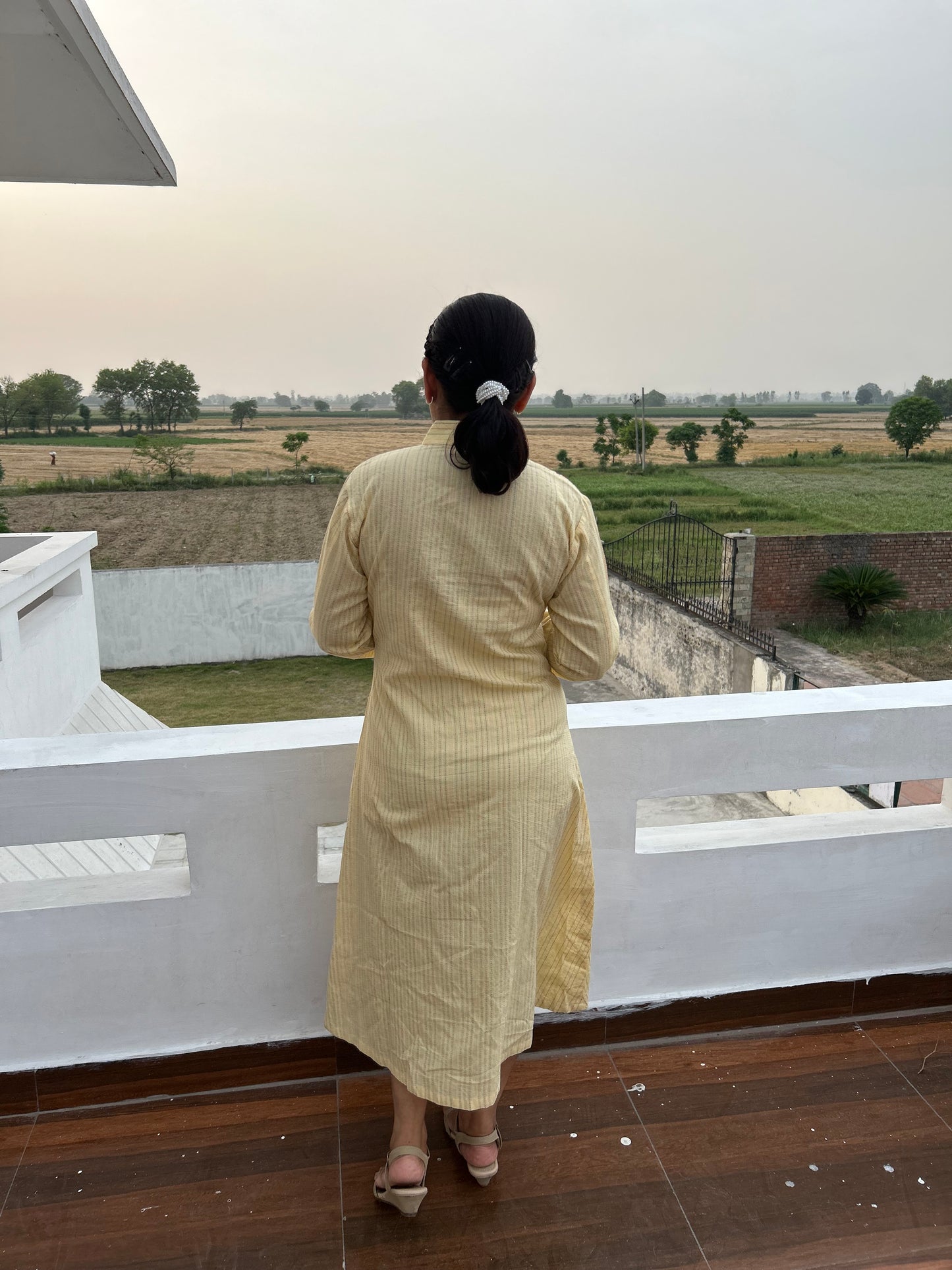 Cream Cotton Dress Machine Embroidered