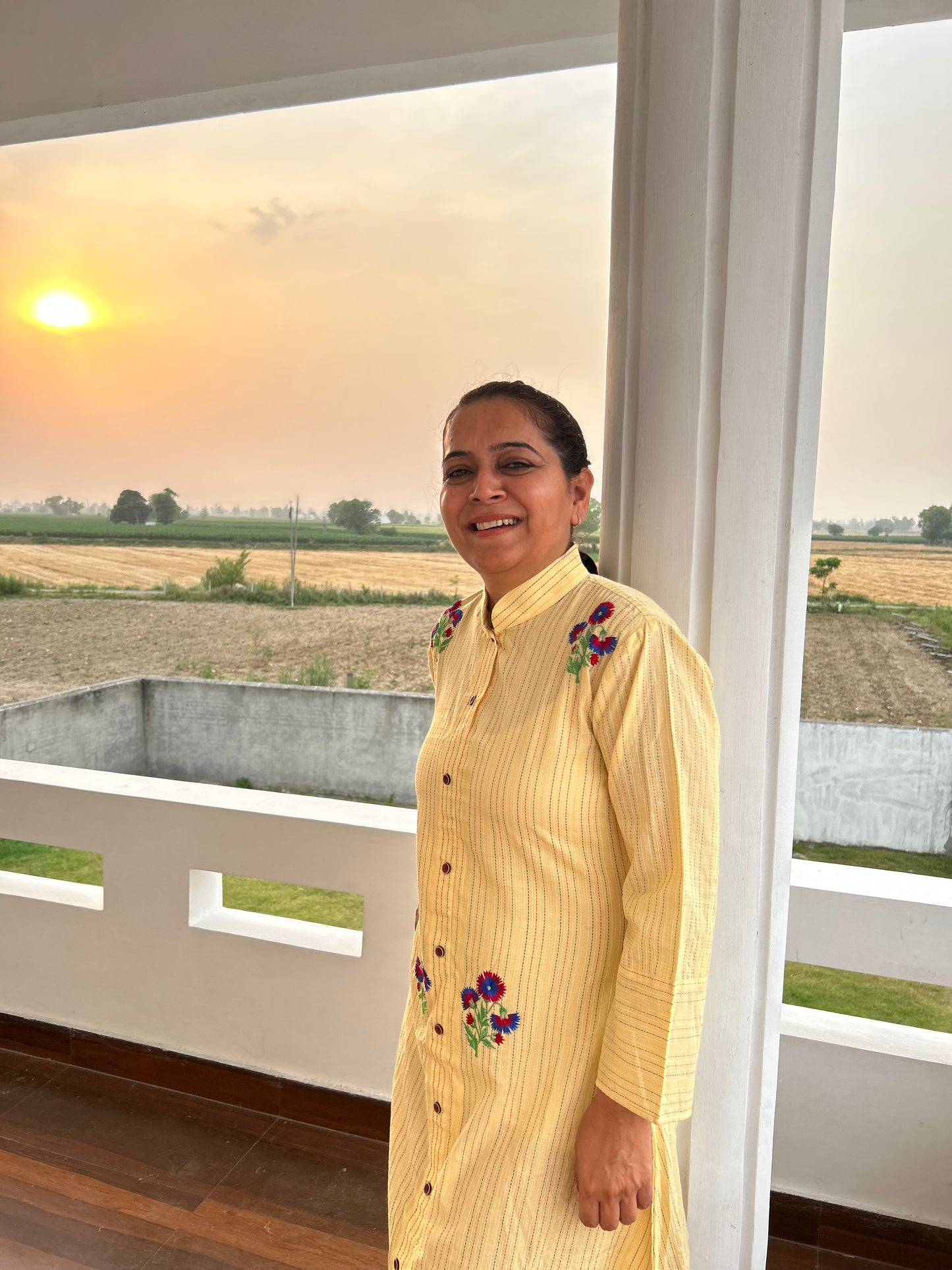 Cream Cotton Dress Machine Embroidered