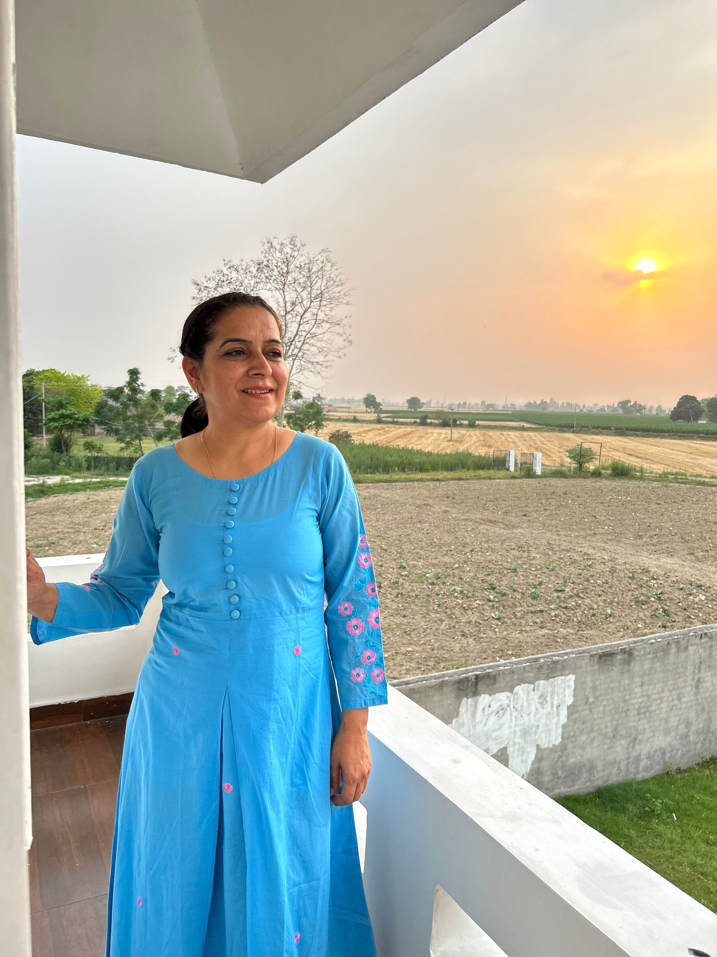 Sky Blue Cotton Hand Embroidery Dress
