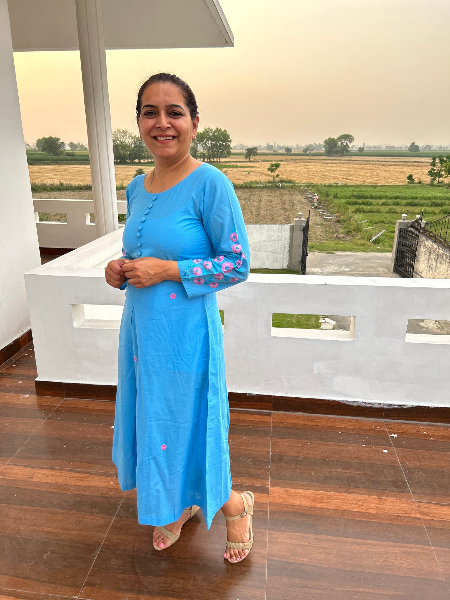 Sky Blue Cotton Hand Embroidery Dress
