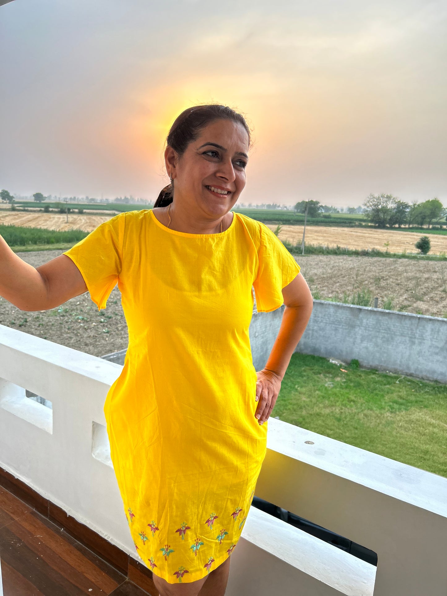 Yellow Cotton Machine Embroidery Dress
