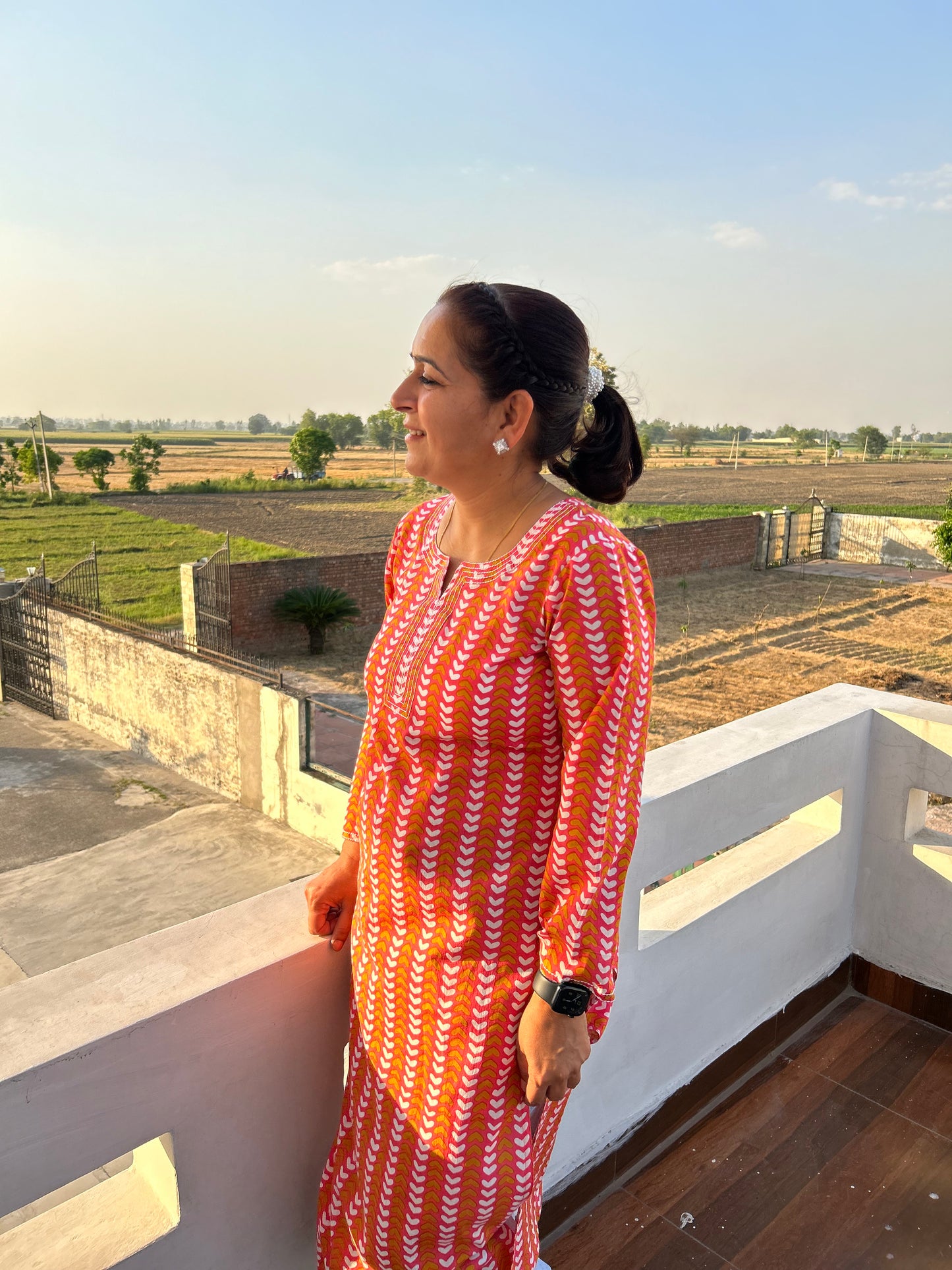 Peach Cotton Block Printed Kurta