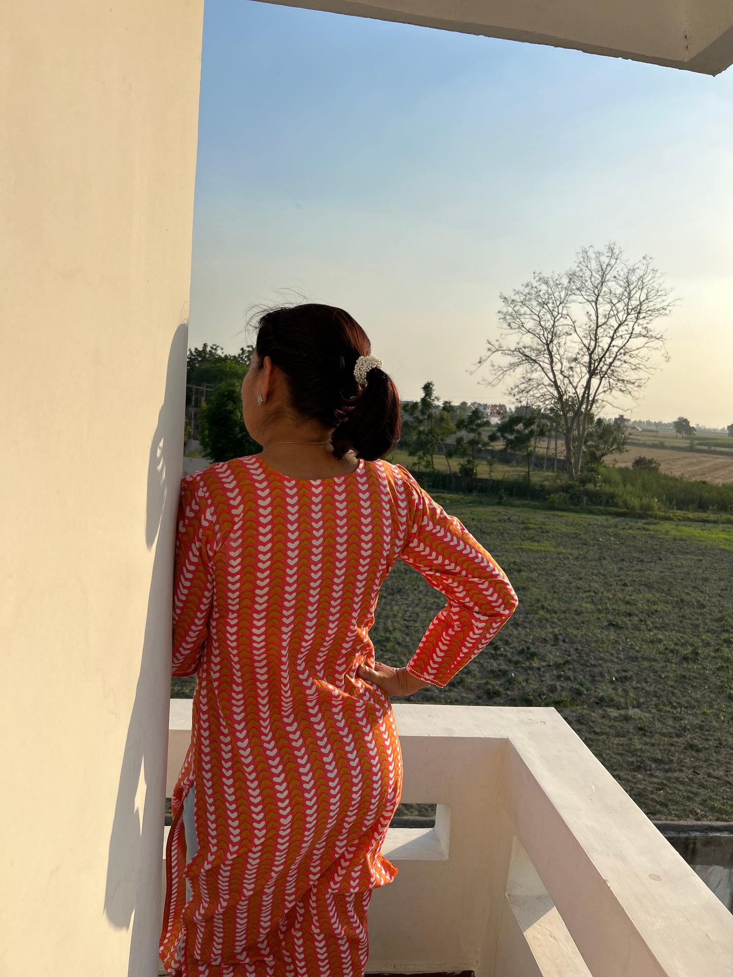 Peach Cotton Block Printed Kurta