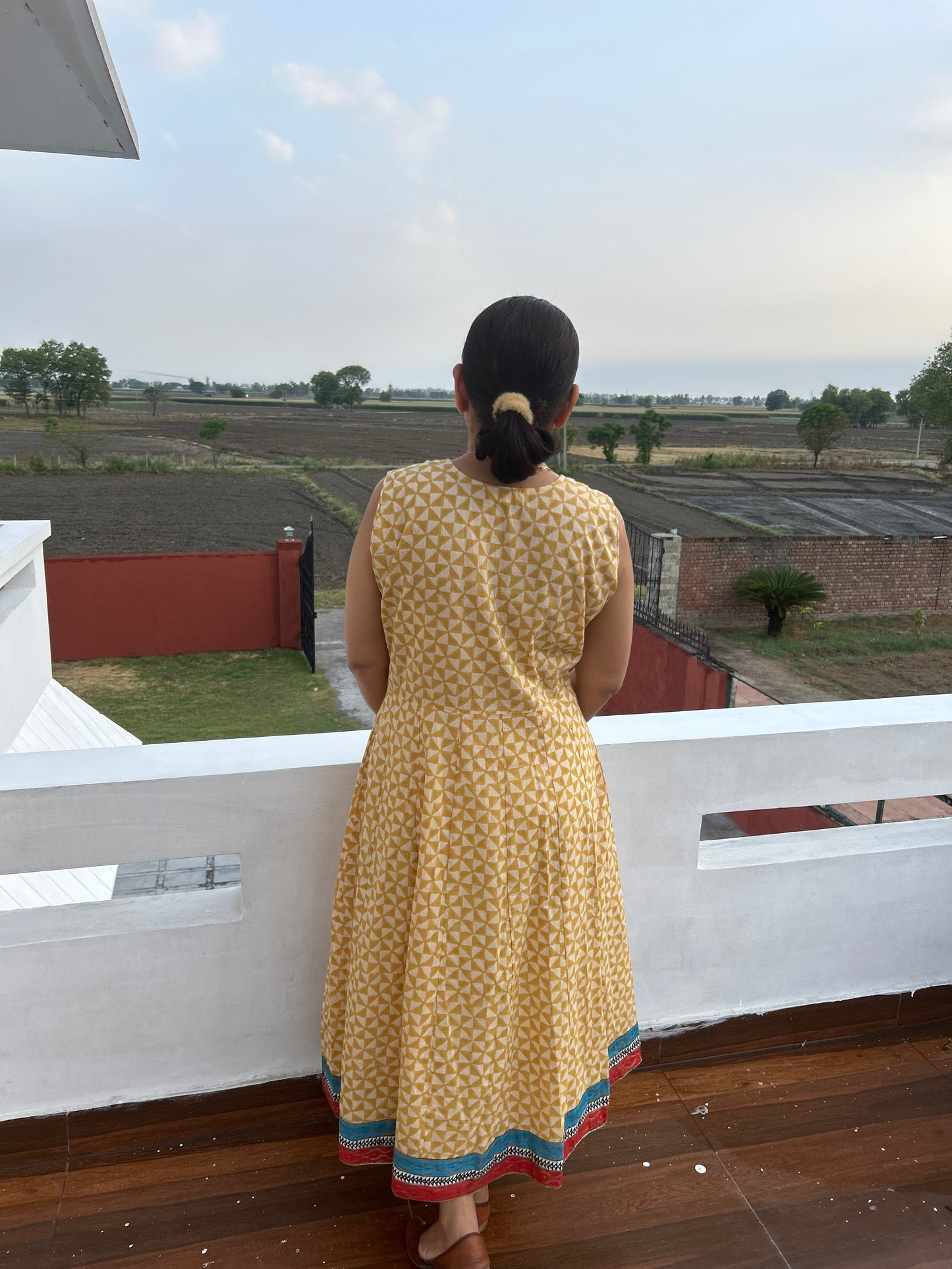Beige Cotton Block Printed Dress