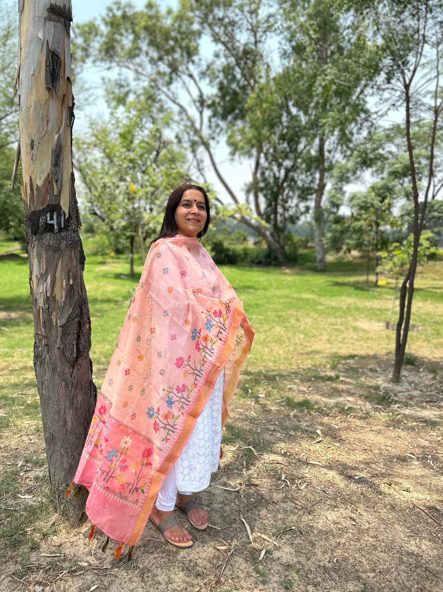 Peach Chanderi Digital Printed Dupatta