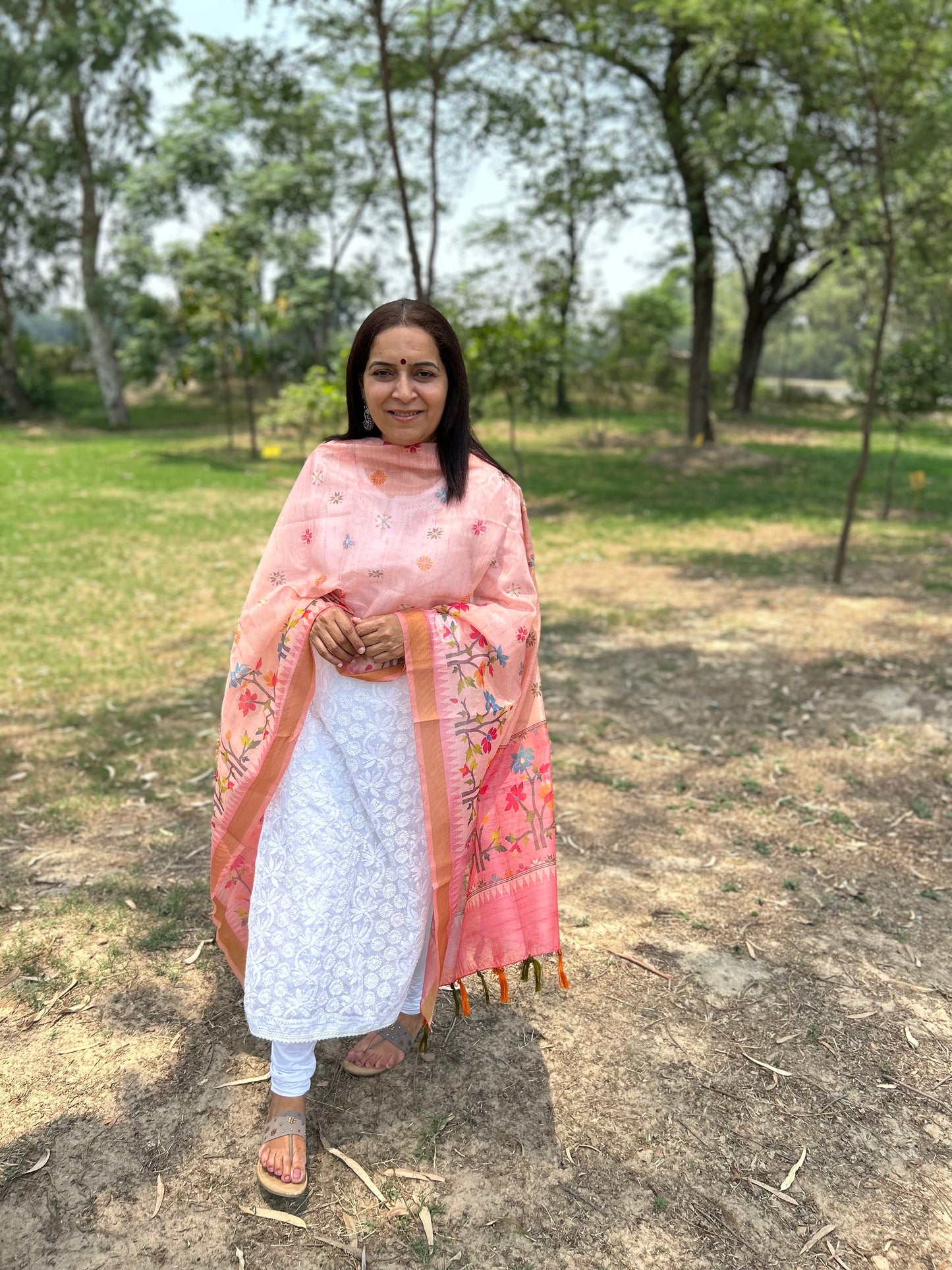 Peach Chanderi Digital Printed Dupatta