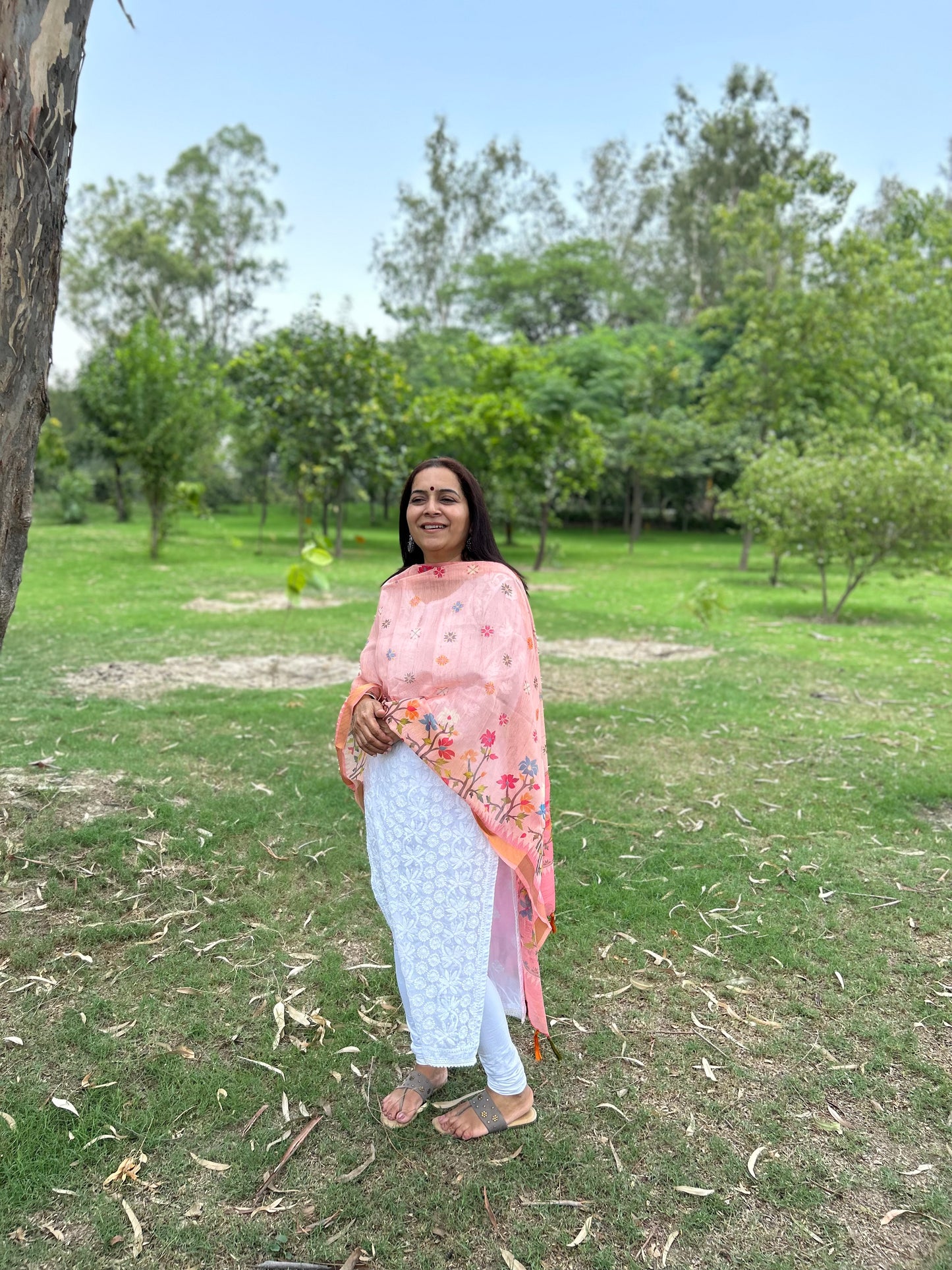Peach Chanderi Digital Printed Dupatta