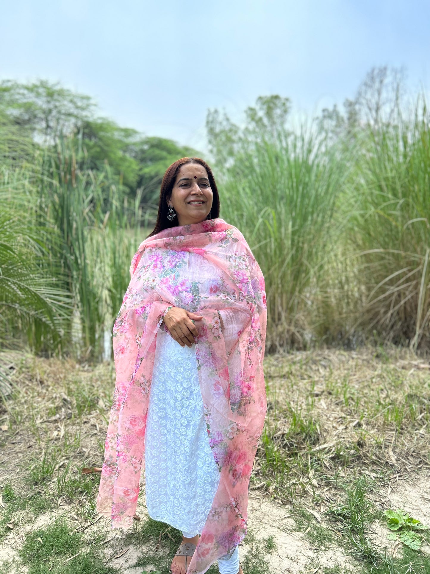 Peach Digital Printed Organza Dupatta