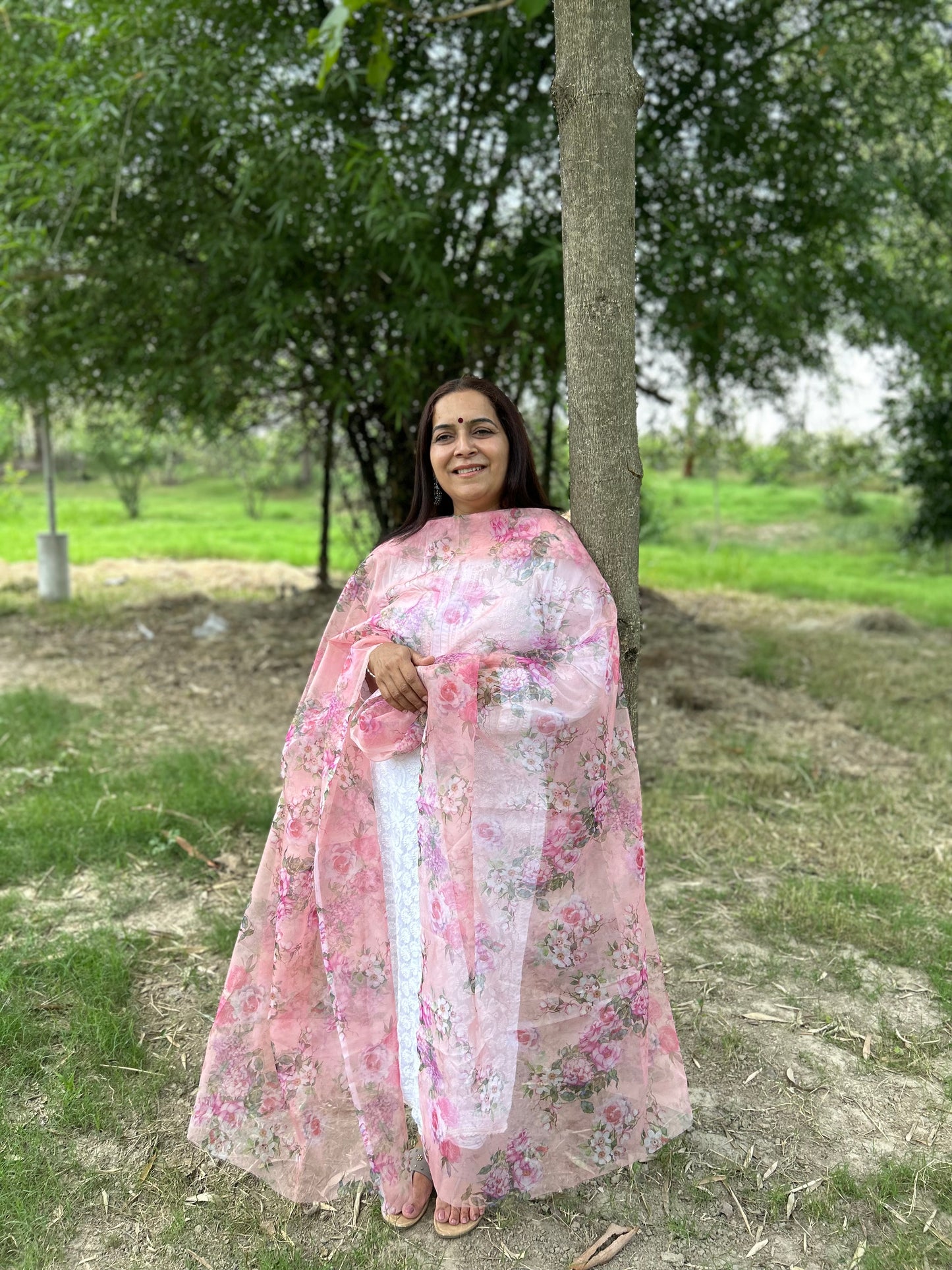 Peach Digital Printed Organza Dupatta