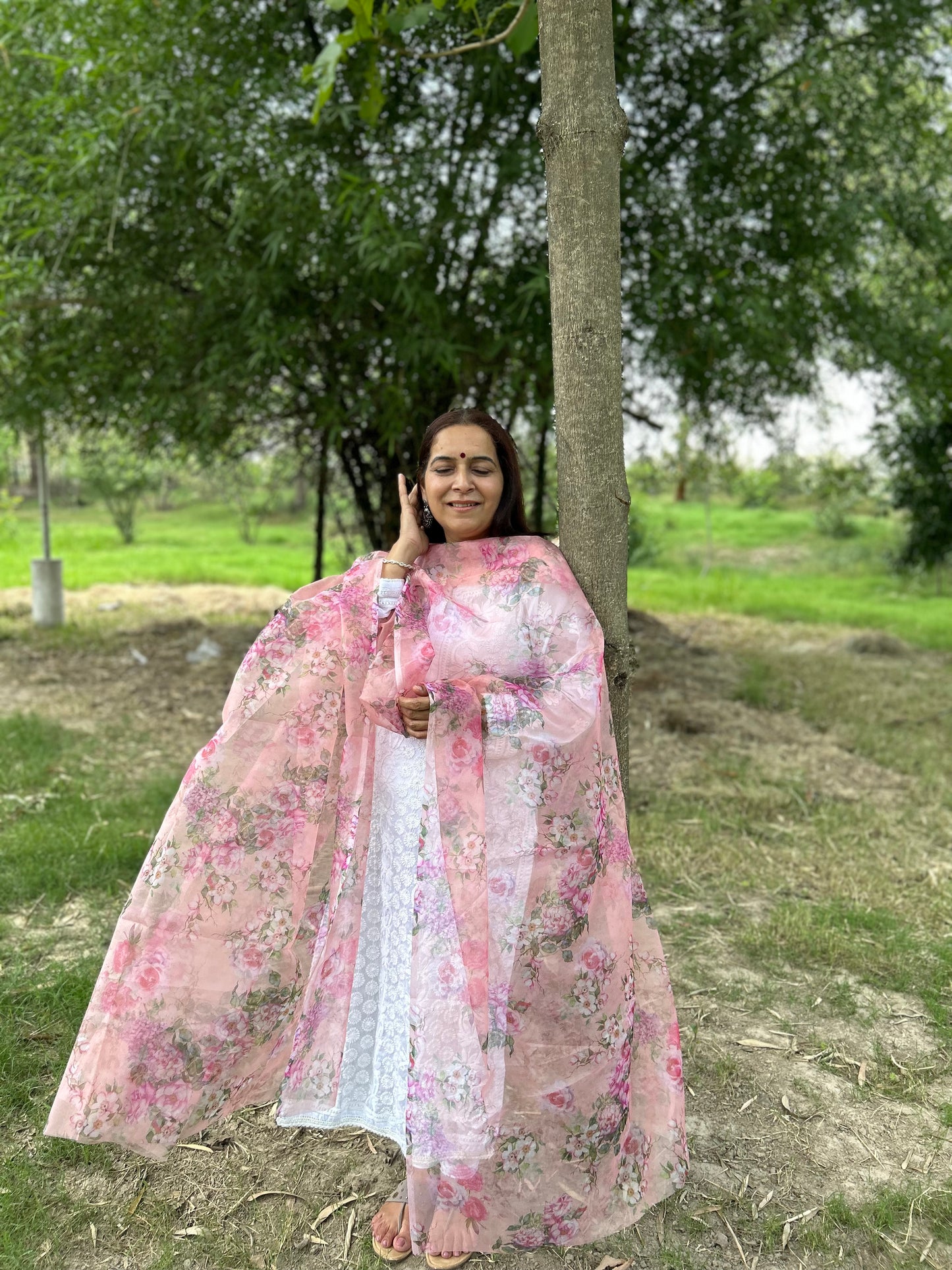 Peach Digital Printed Organza Dupatta