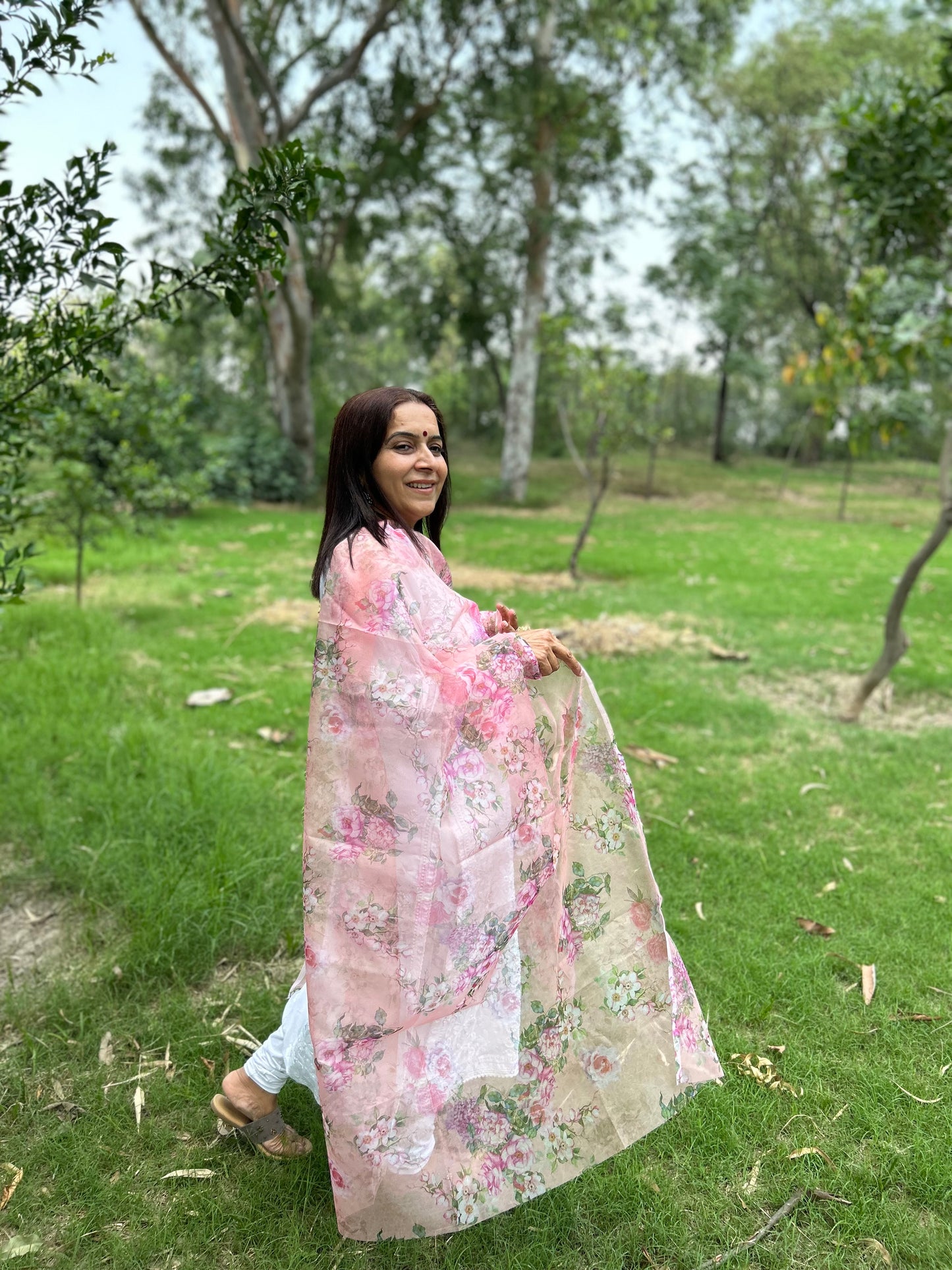 Peach Digital Printed Organza Dupatta
