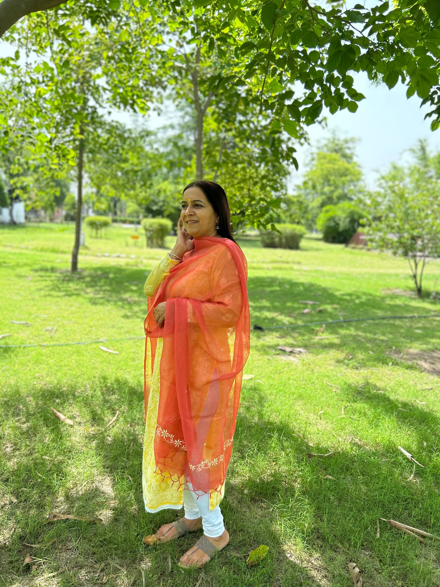Rust Orange Kota Doria Chikankari Dupatta