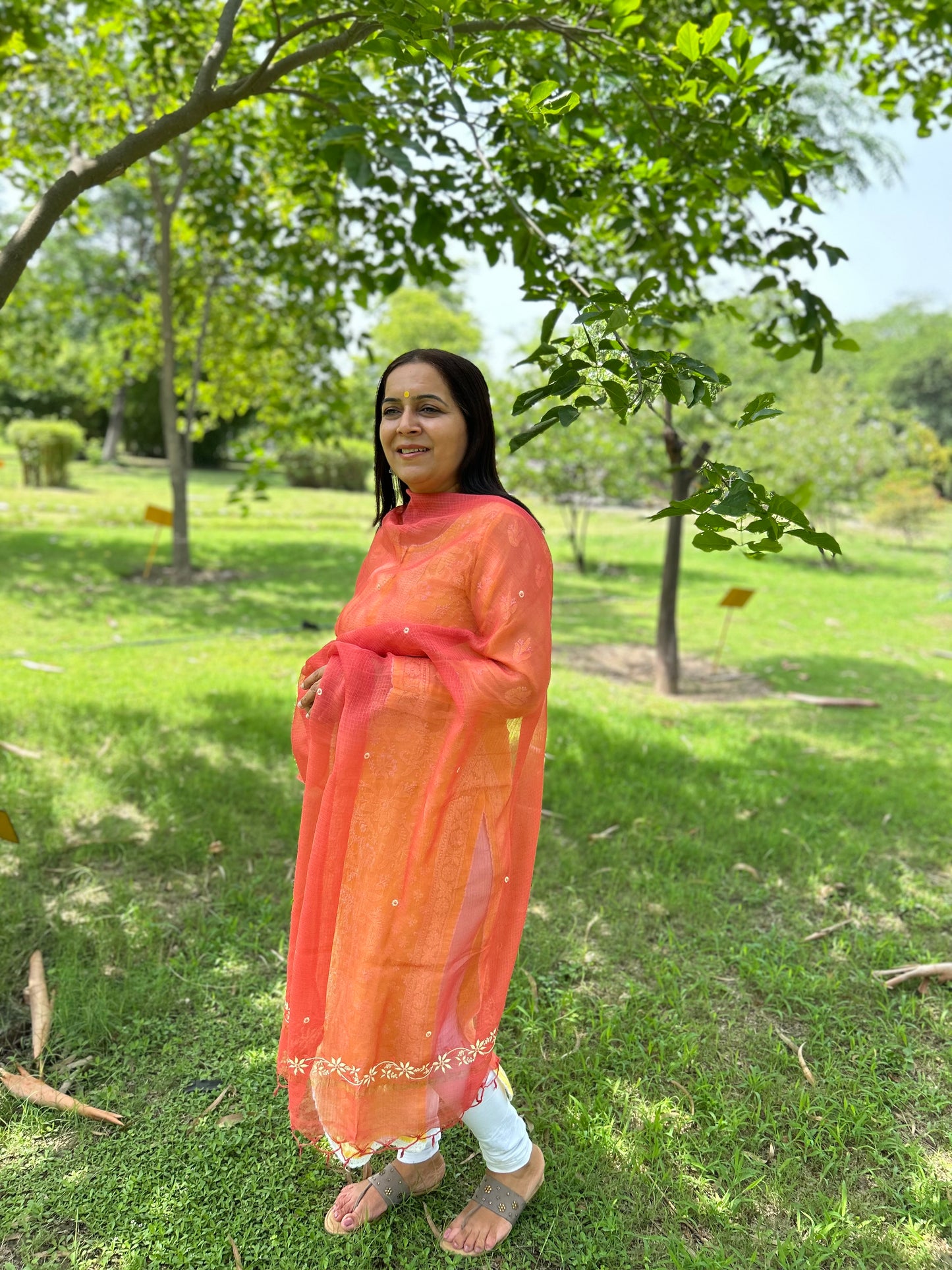 Rust Orange Kota Doria Chikankari Dupatta