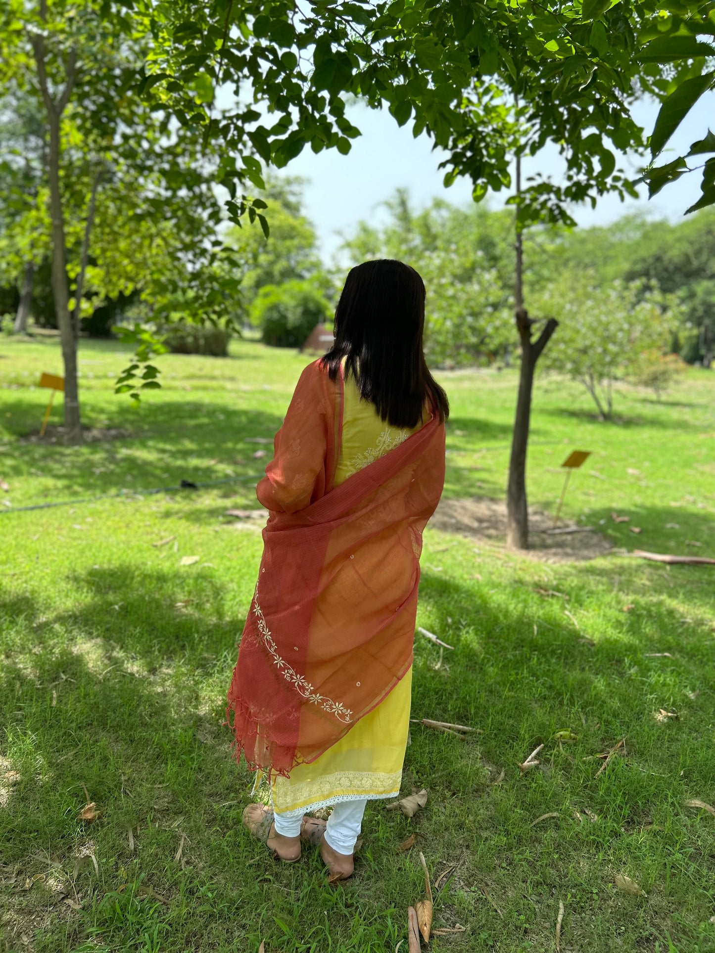 Rust Orange Kota Doria Chikankari Dupatta