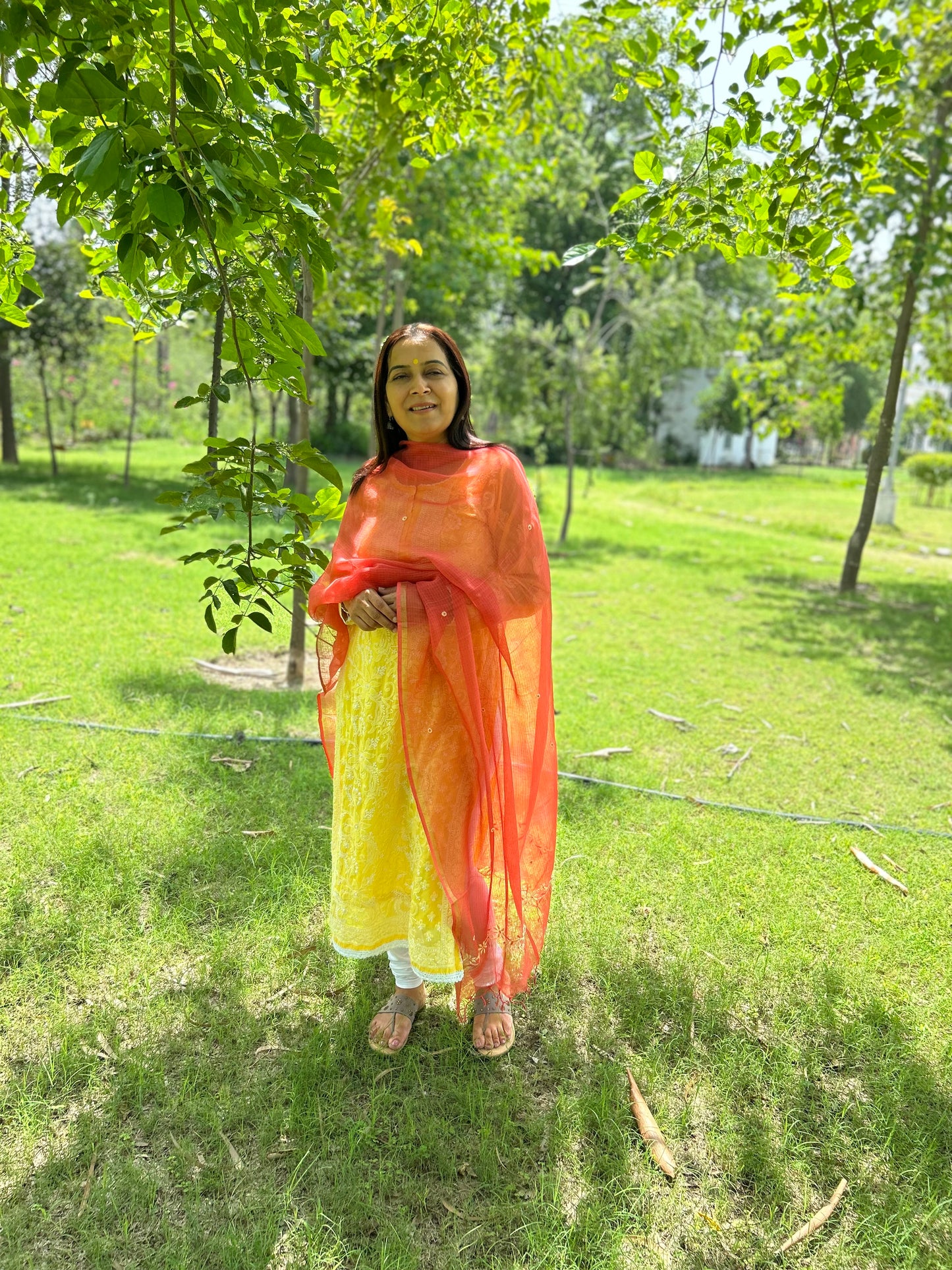 Rust Orange Kota Doria Chikankari Dupatta