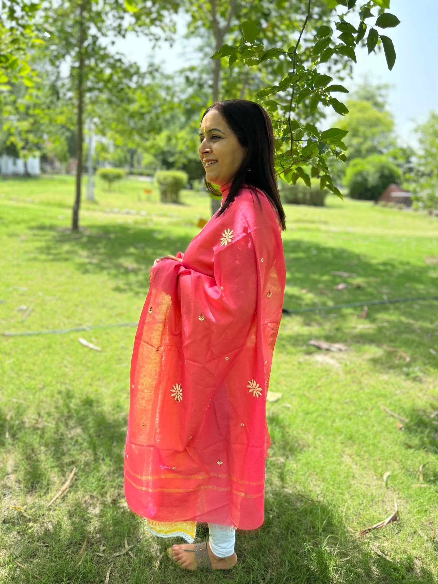 Pink Chanderi Chikankari Dupatta