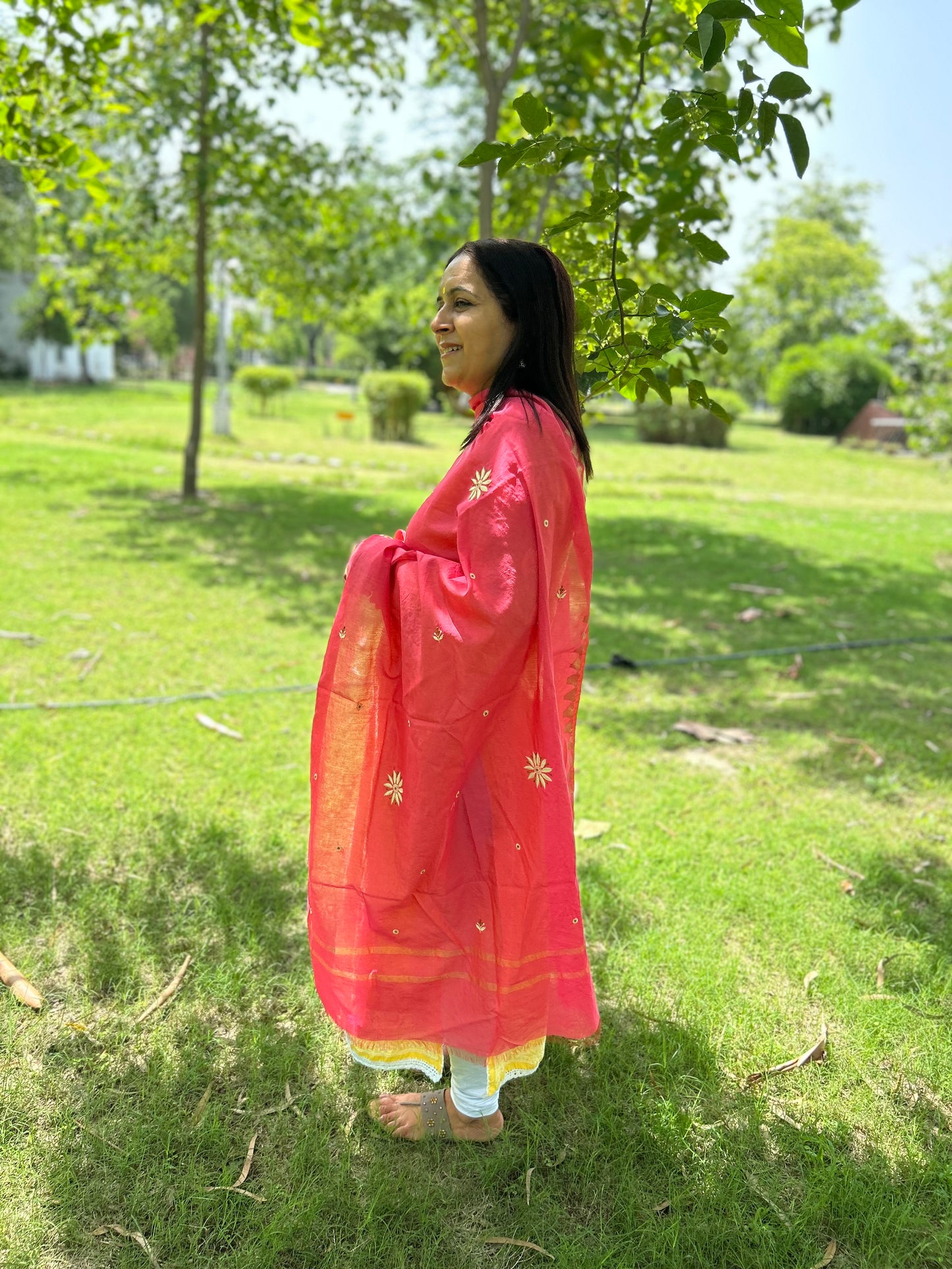 Pink Chanderi Chikankari Dupatta