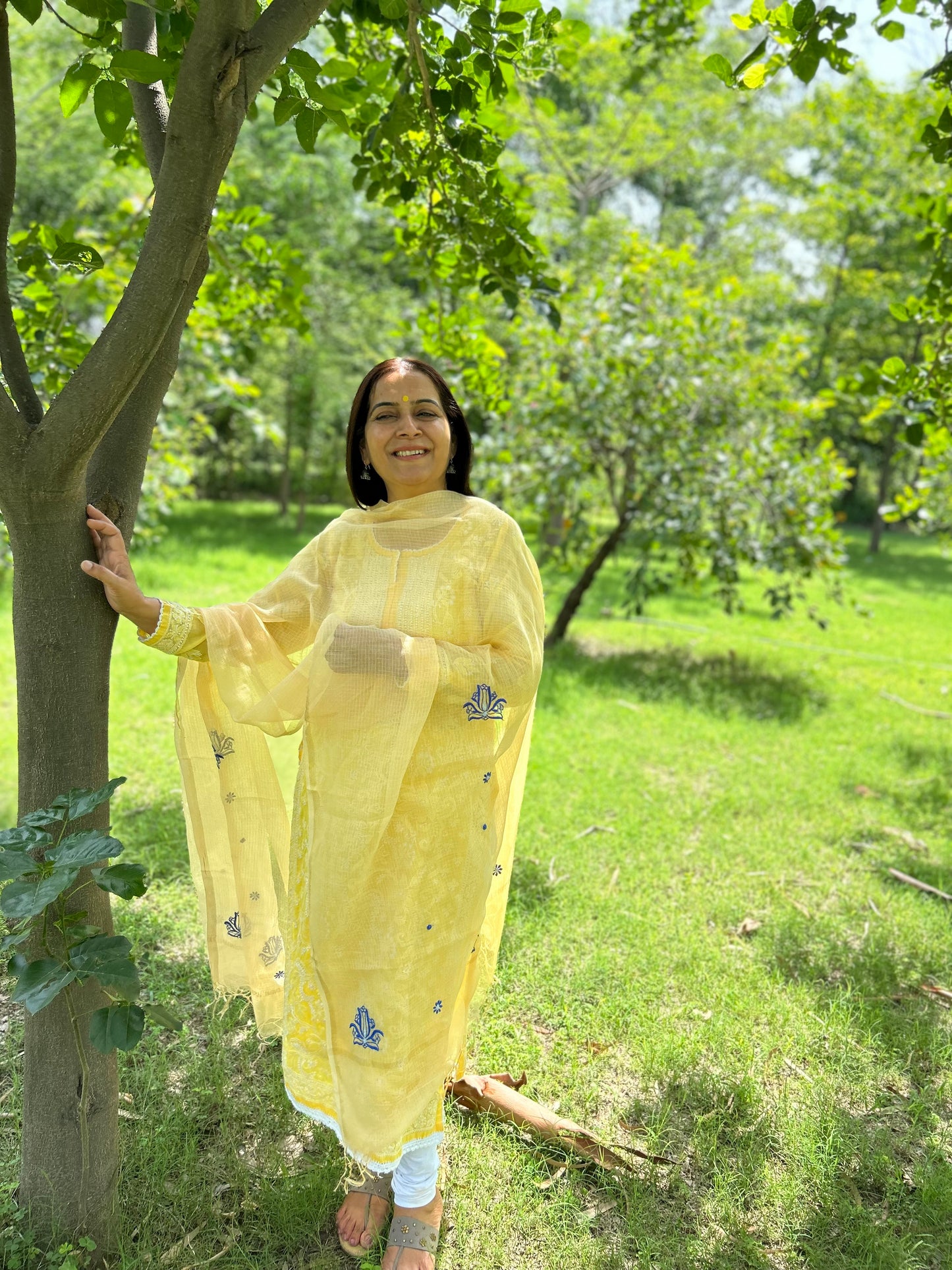 Yellow Kota Doria Chikankari Dupatta