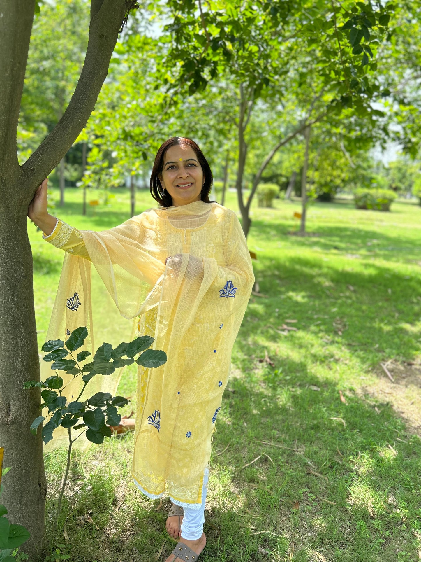 Yellow Kota Doria Chikankari Dupatta