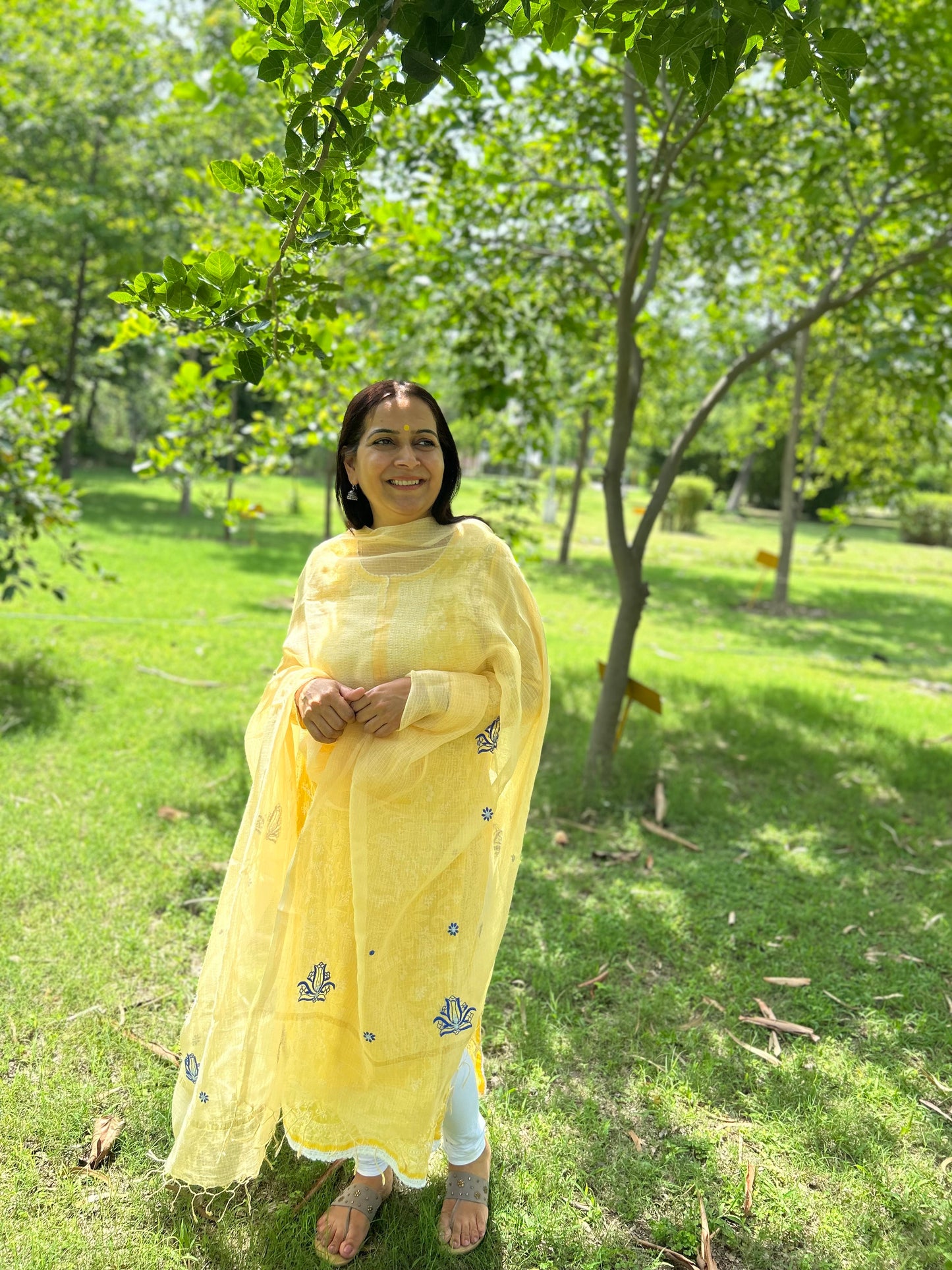 Yellow Kota Doria Chikankari Dupatta
