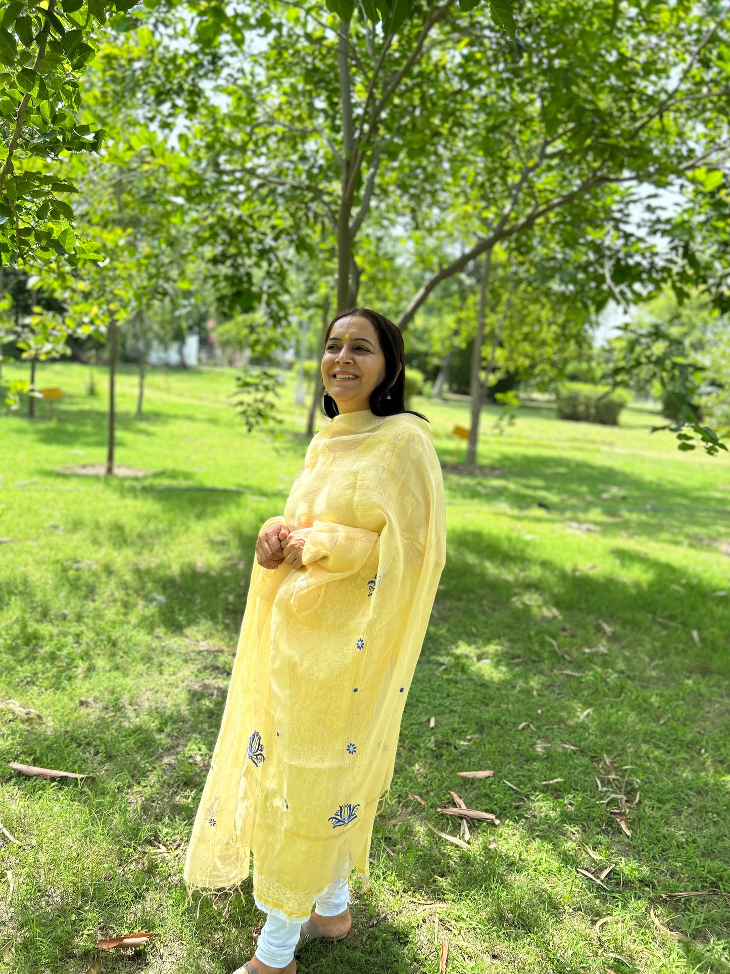 Yellow Kota Doria Chikankari Dupatta