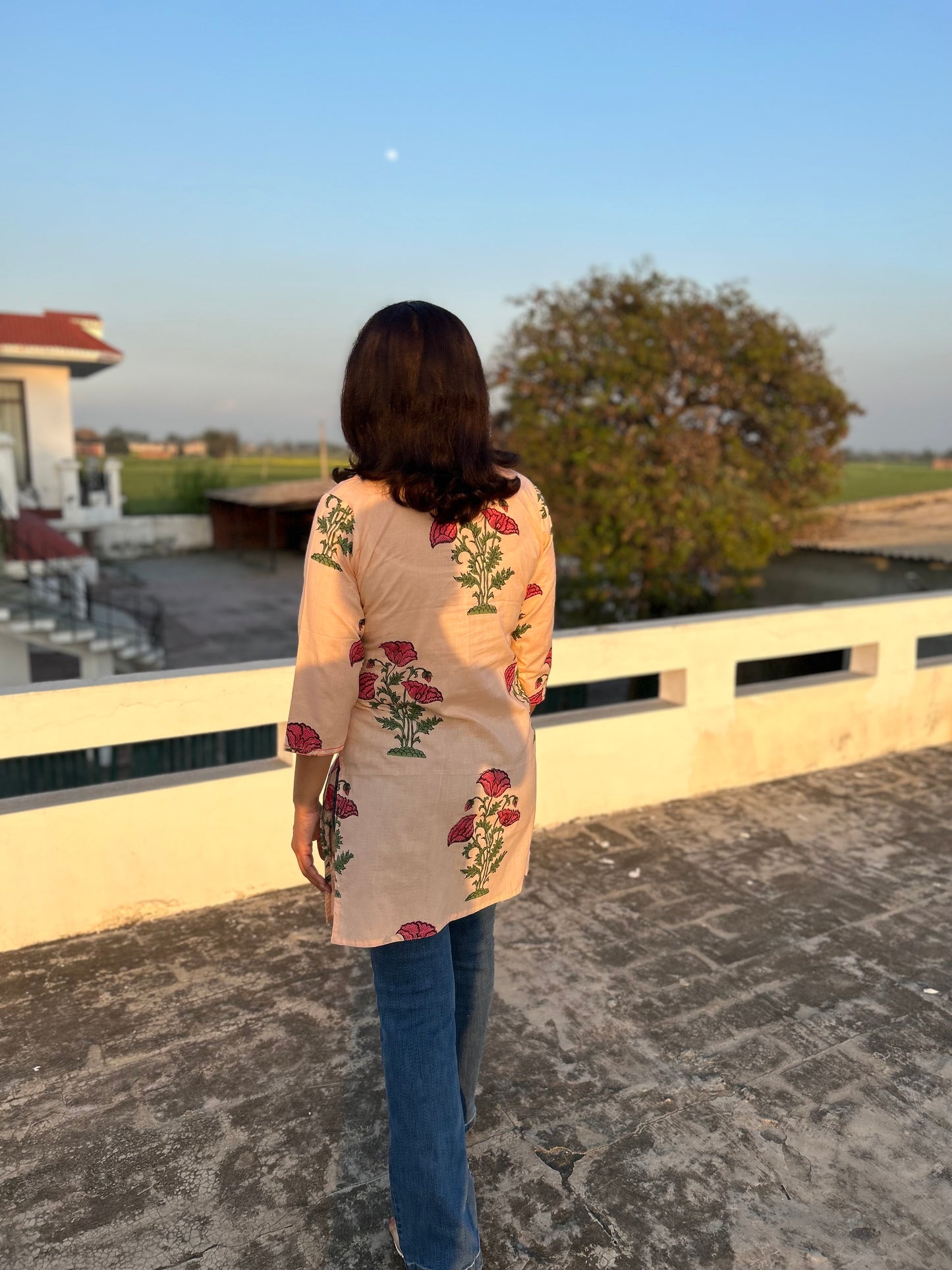 Peach Cotton Block Printed Kurti