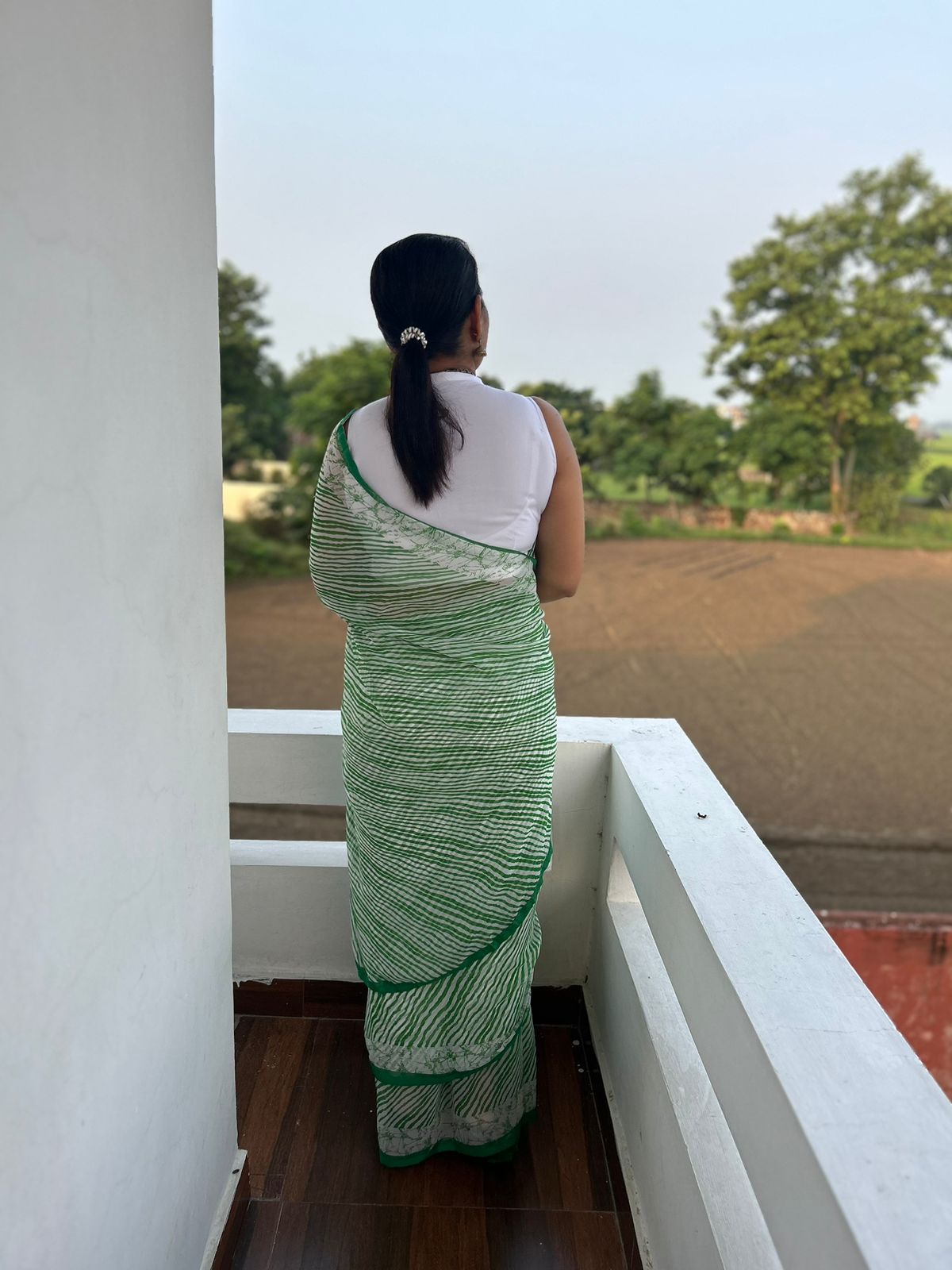Green Lehriya Georgette Sari