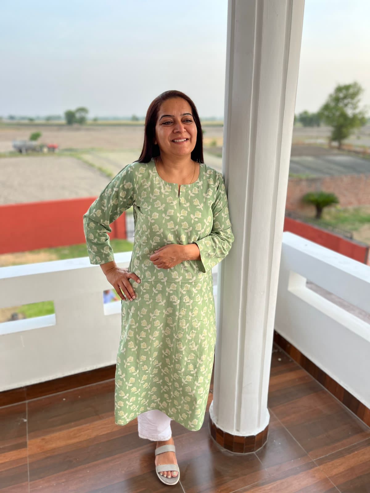 Green Cotton Hand Block Printed Knee Length Kurta