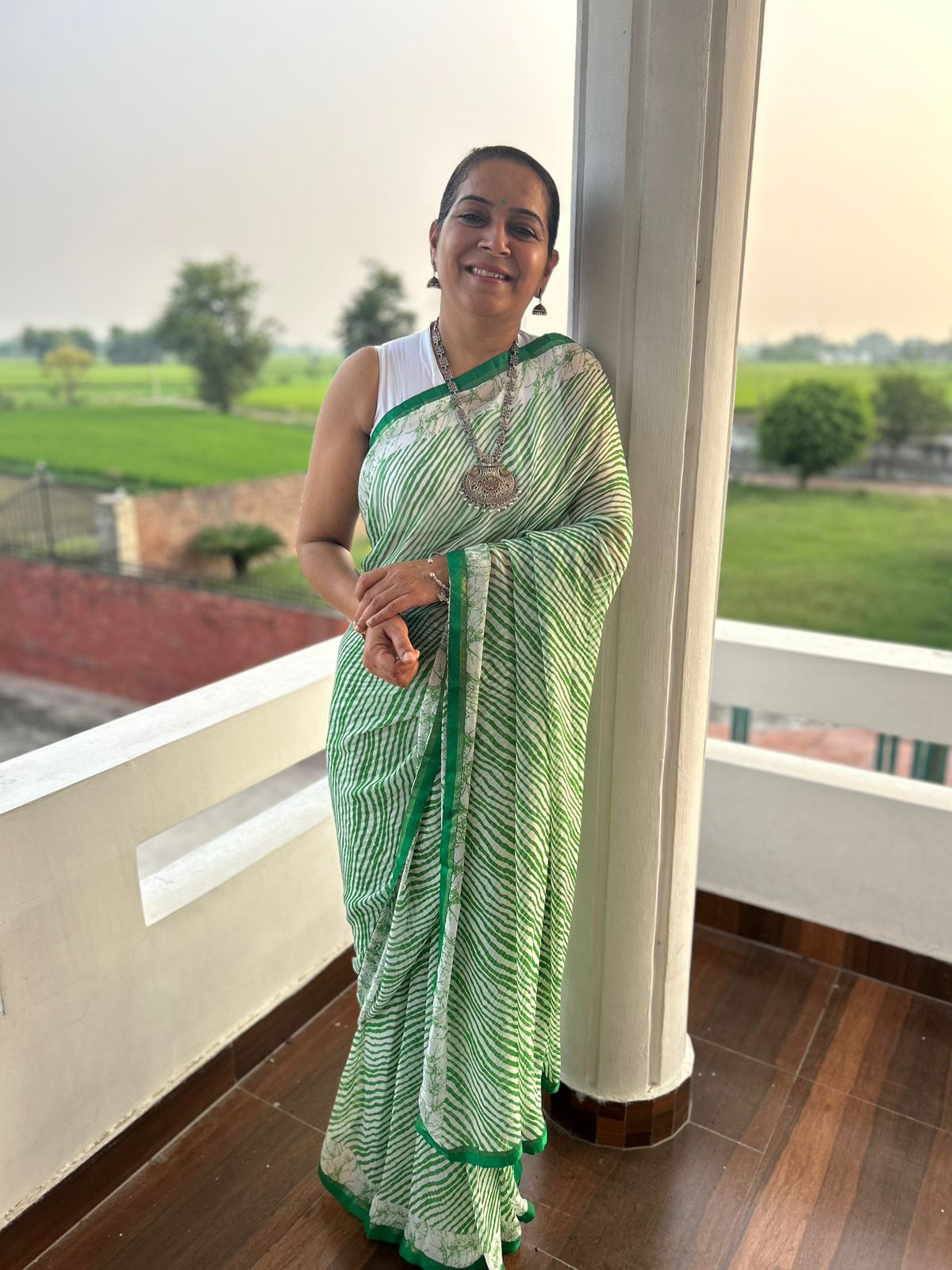 Green Lehriya Georgette Sari
