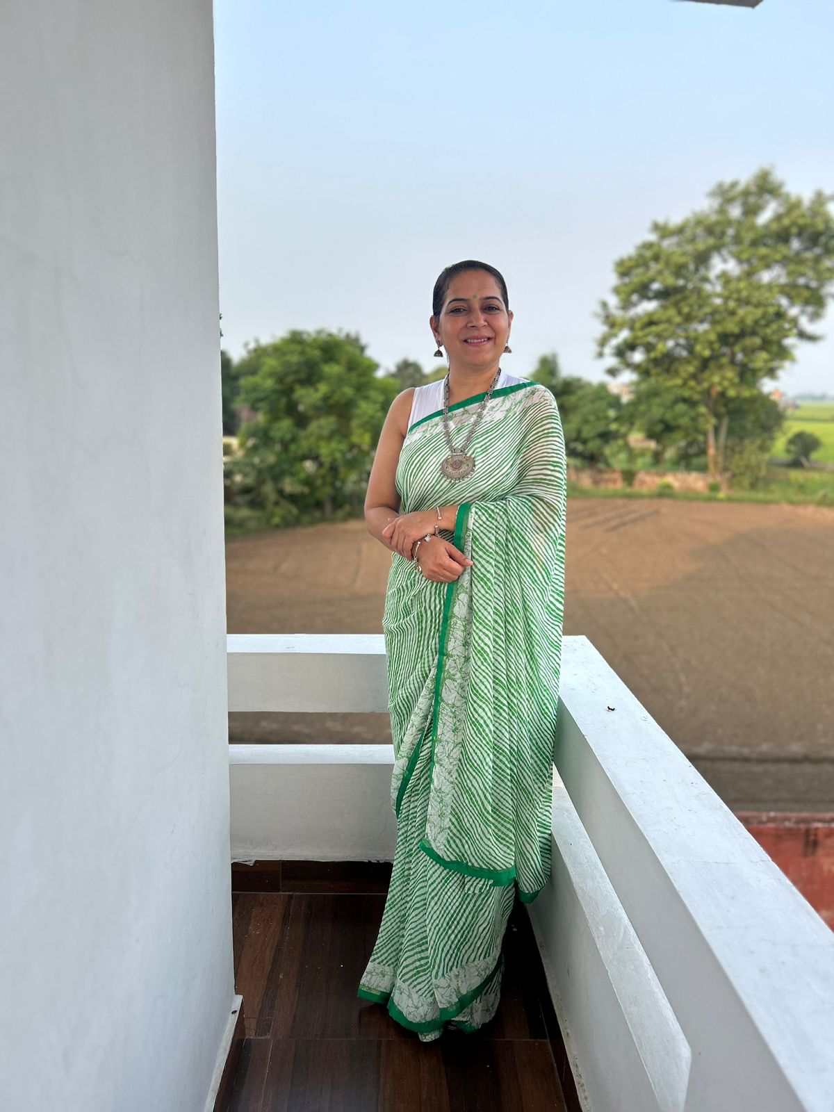 Green Lehriya Georgette Sari