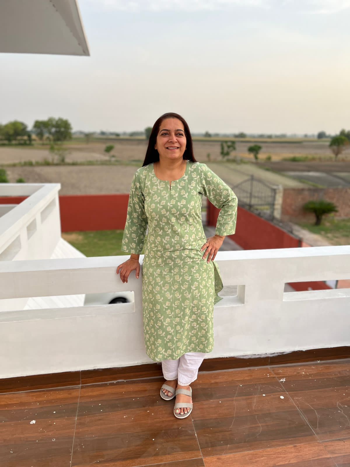 Green Cotton Hand Block Printed Knee Length Kurta