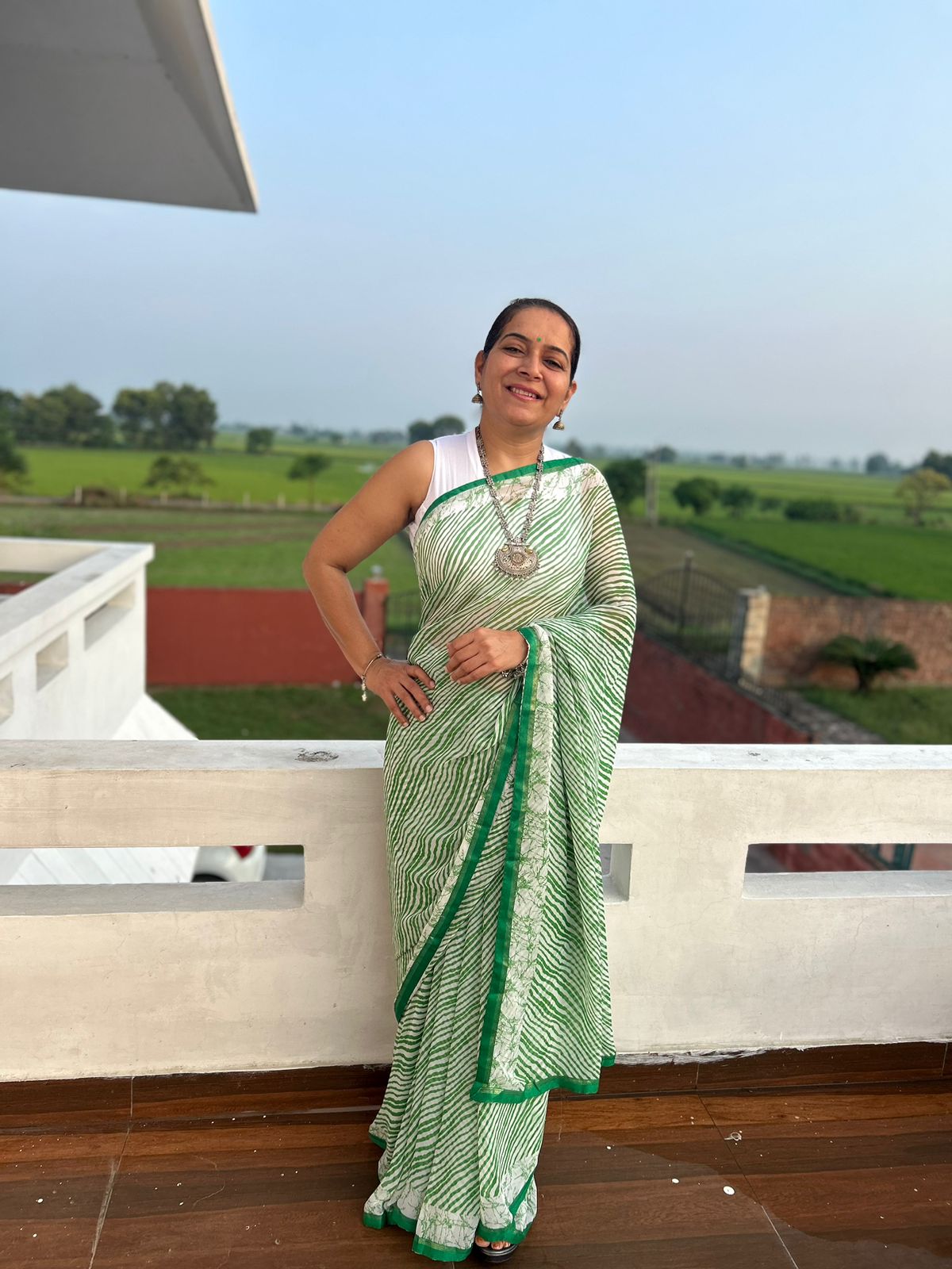 Green Lehriya Georgette Sari