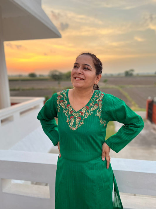 Green Cotton  Hand Embroidered Kurta