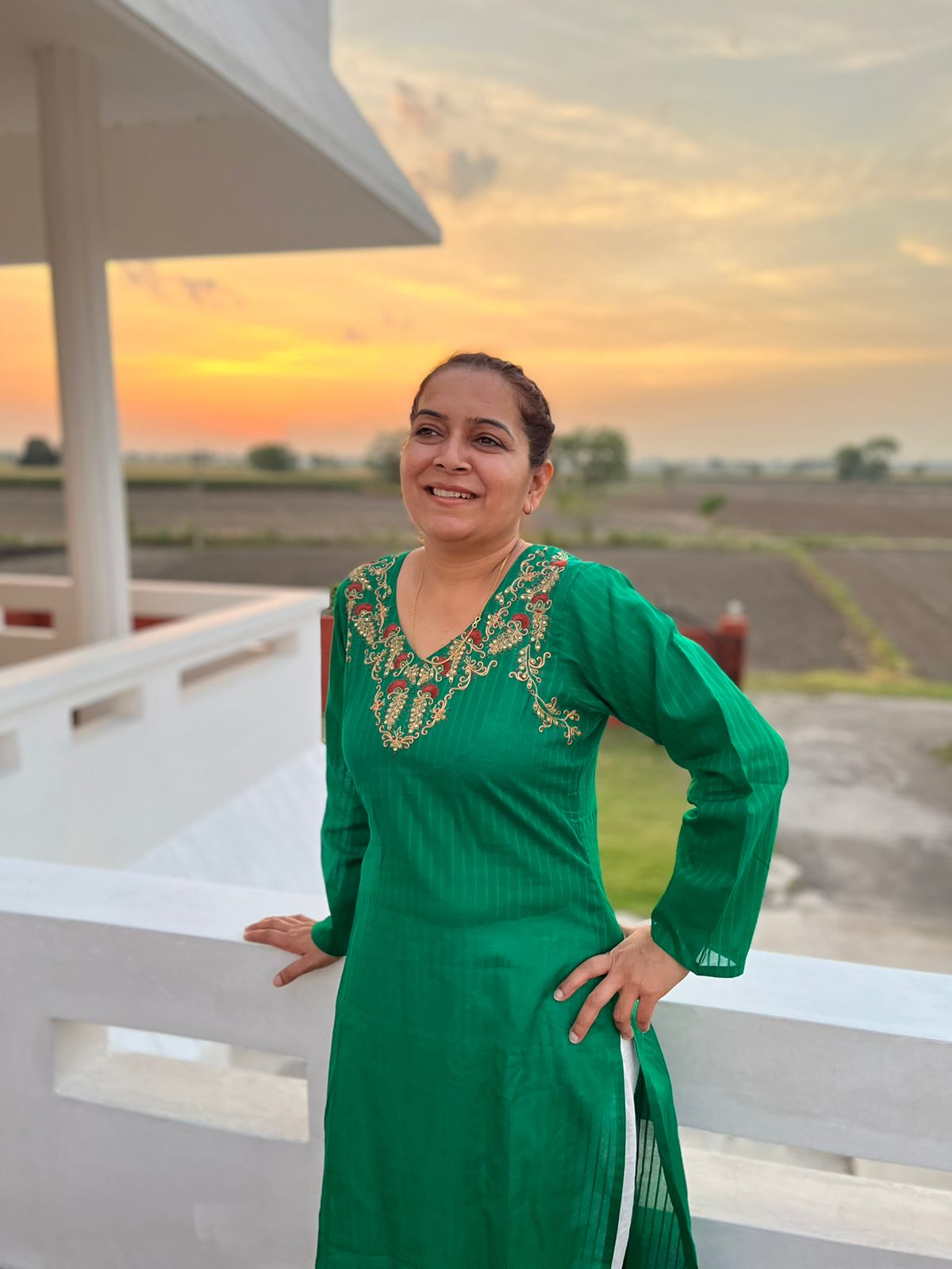 Green Cotton  Hand Embroidered Kurta