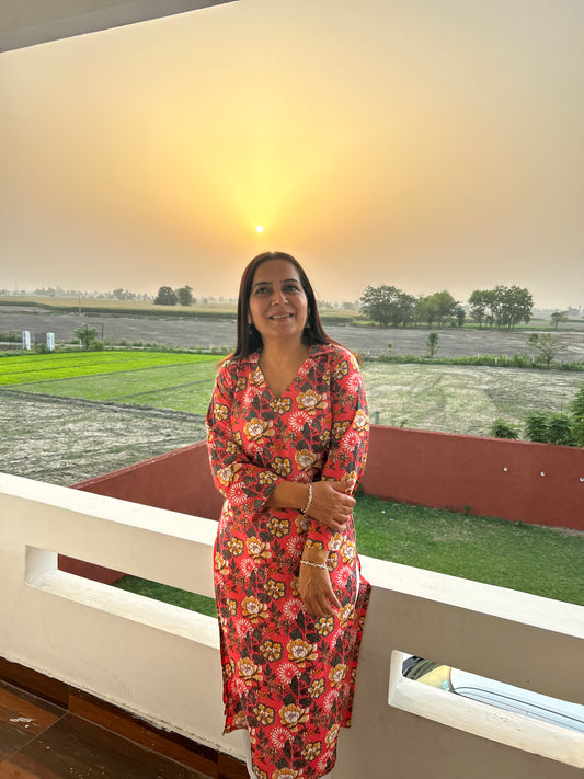 Red Block Printed Kurta