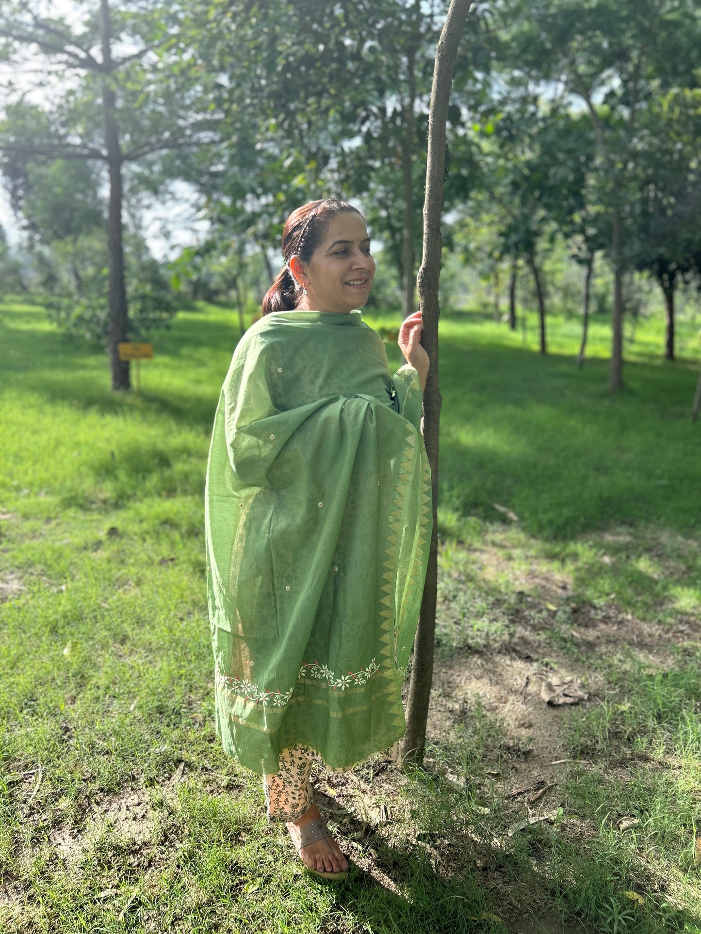 Green Chanderi Chikankari Dupatta